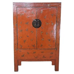 Antique Chinese Qing Red Lacquer Butterfly Wedding Cabinet Armoire Linen Press