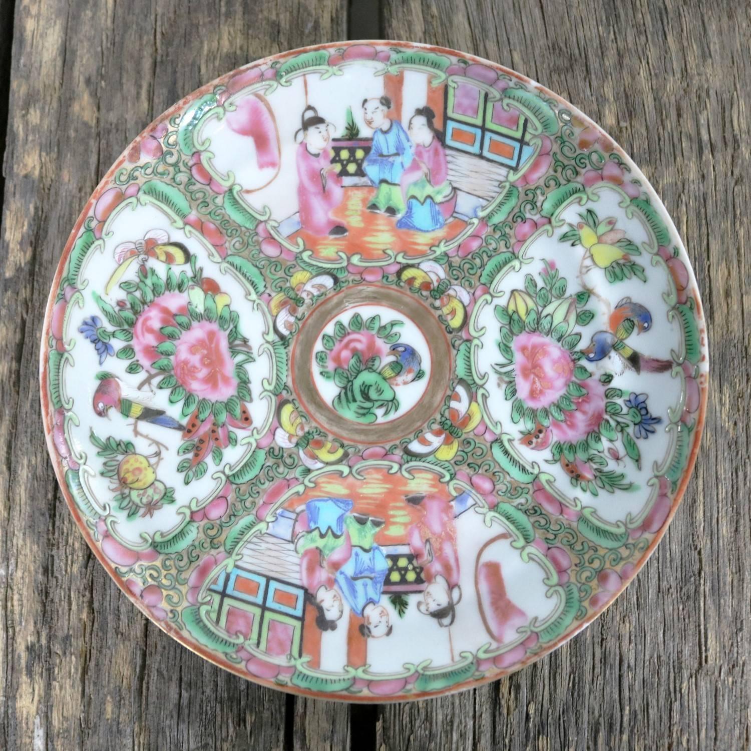 Antique Chinese Qing Rose Medallion Porcelain Cupped Plates Set of Eight 5