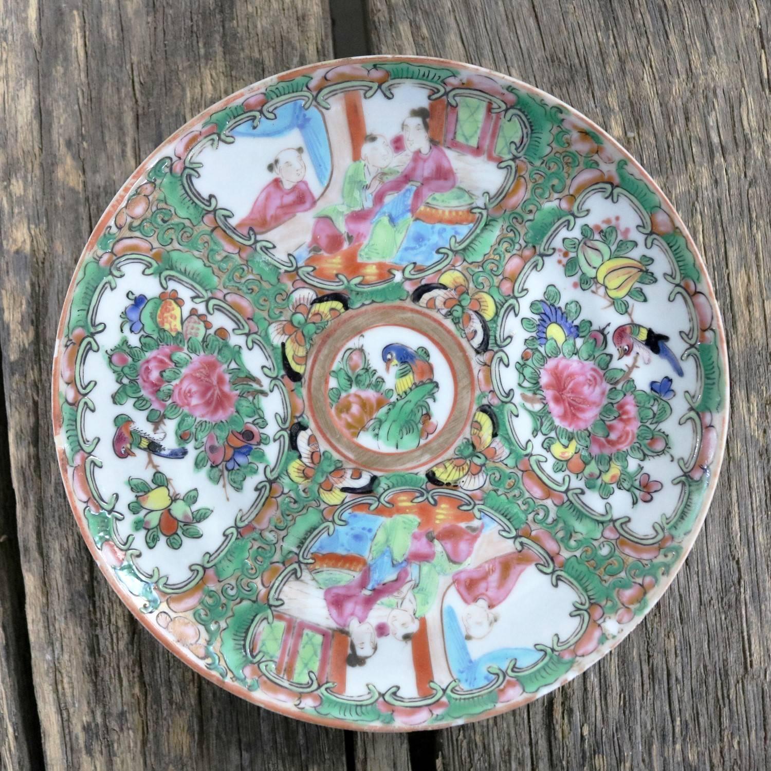 Antique Chinese Qing Rose Medallion Porcelain Cupped Plates Set of Eight 2