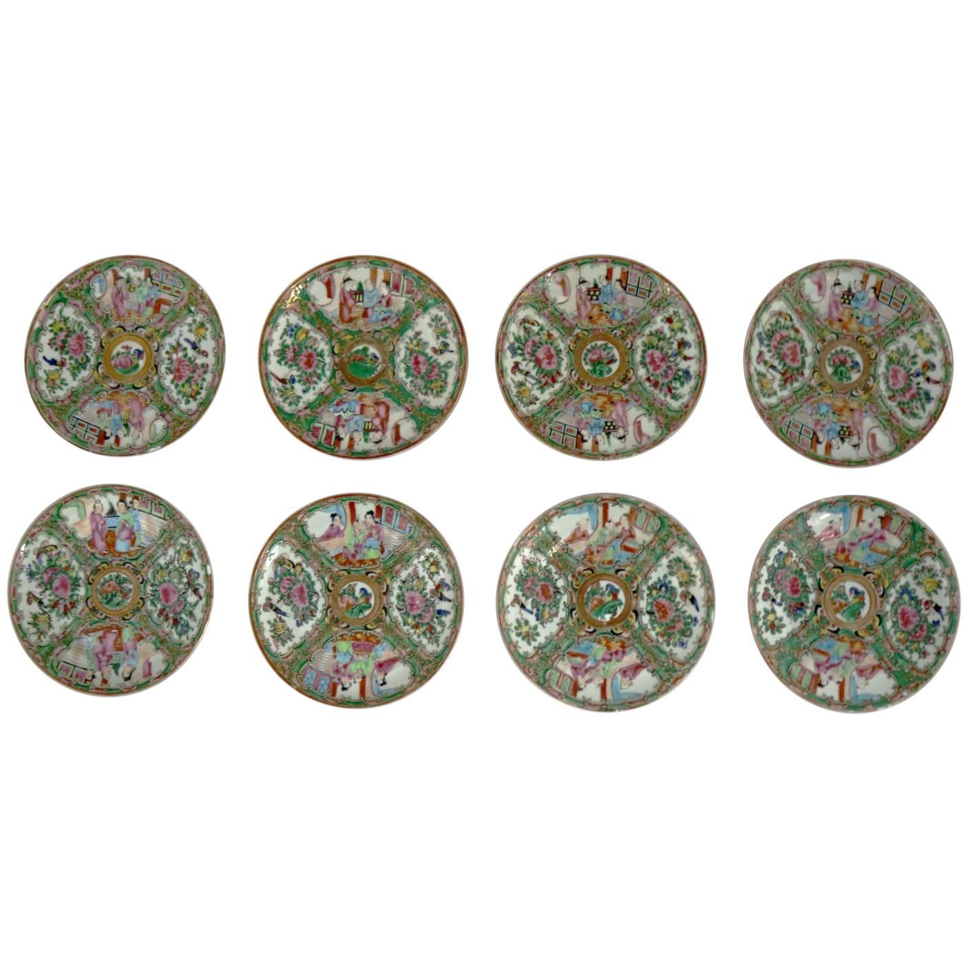 Antique Chinese Qing Rose Medallion Porcelain Cupped Plates Set of Eight
