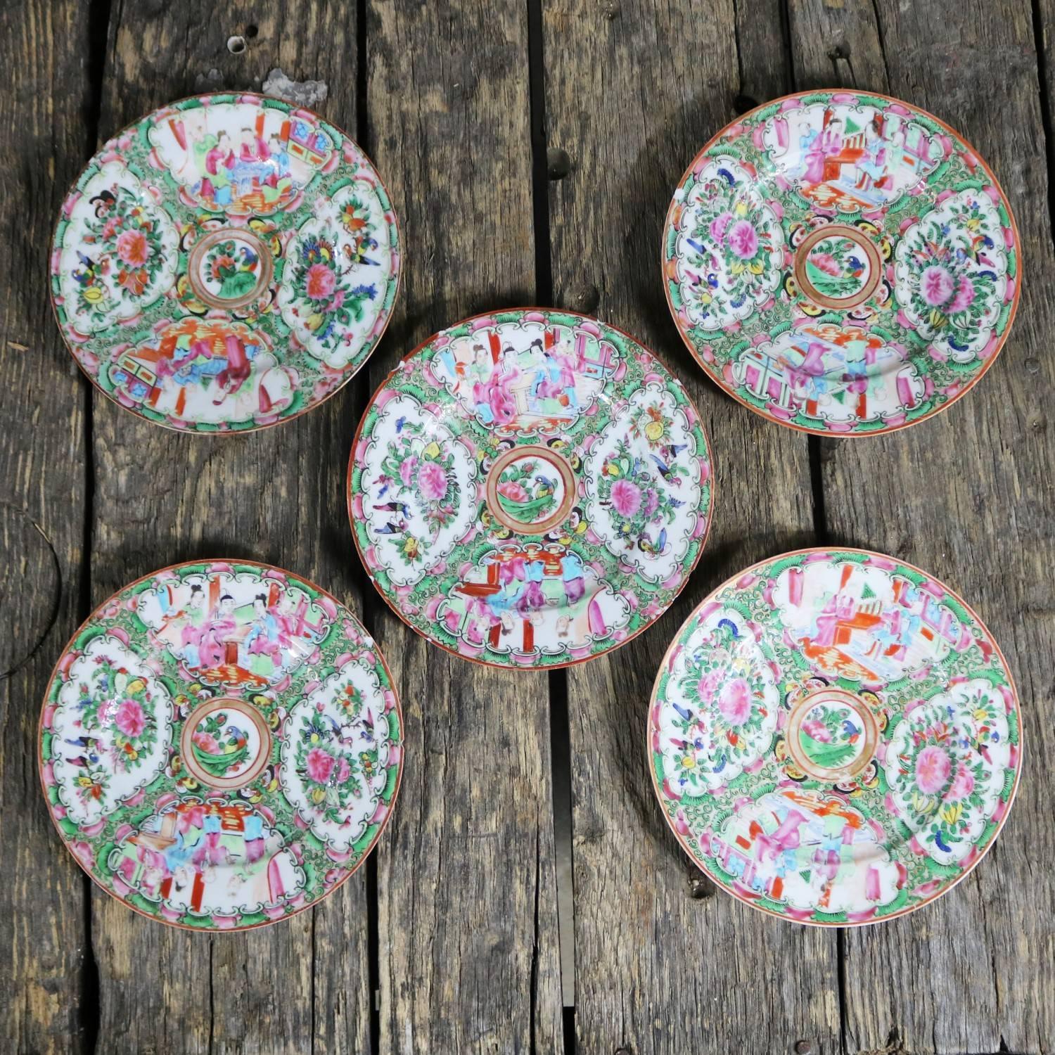 Chinese Export Antique Chinese Qing Rose Medallion Porcelain Plates Set of Five