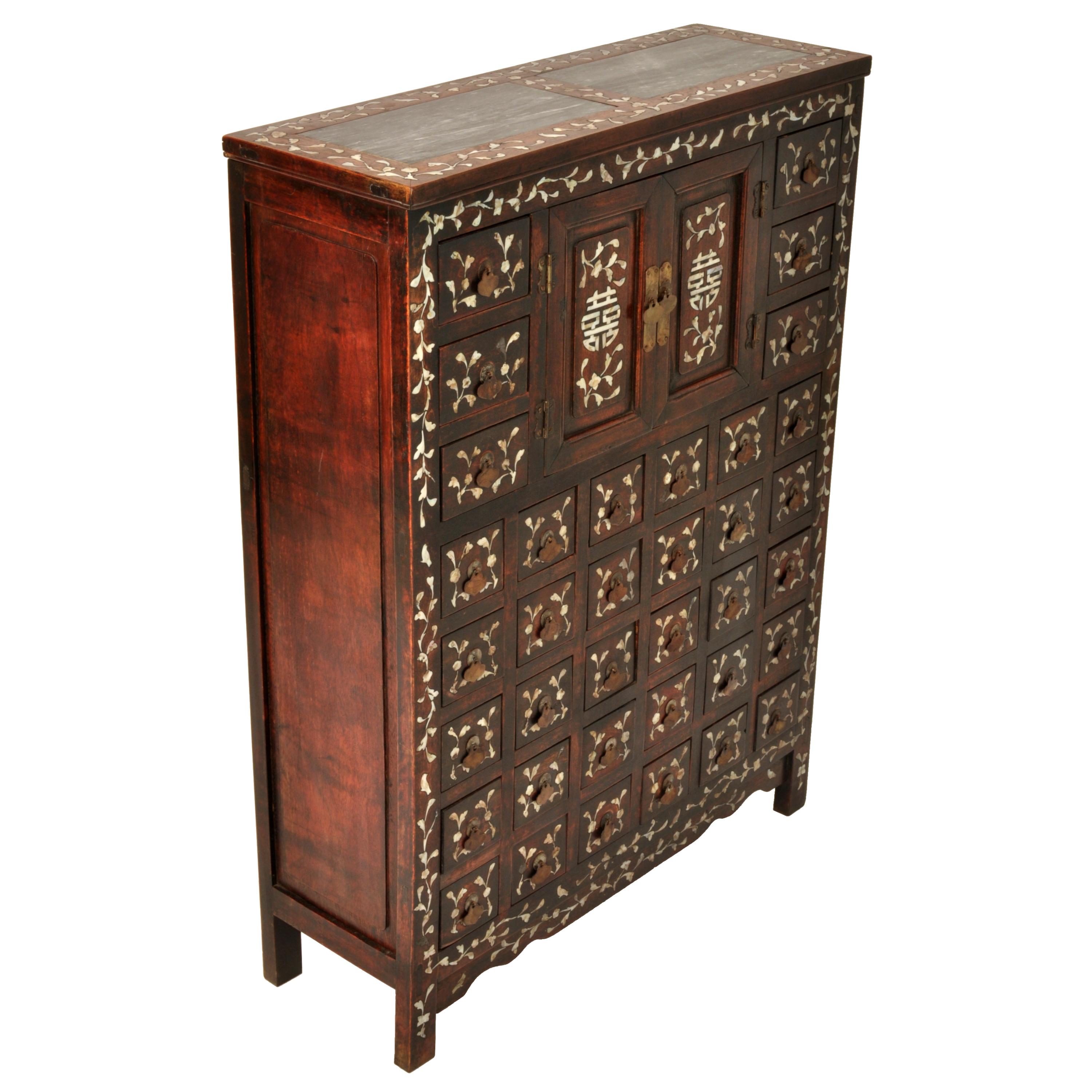 Antique Chinese Qing Rosewood Mother-of-Pearl Inlaid Apothecary Cabinet 1850 3