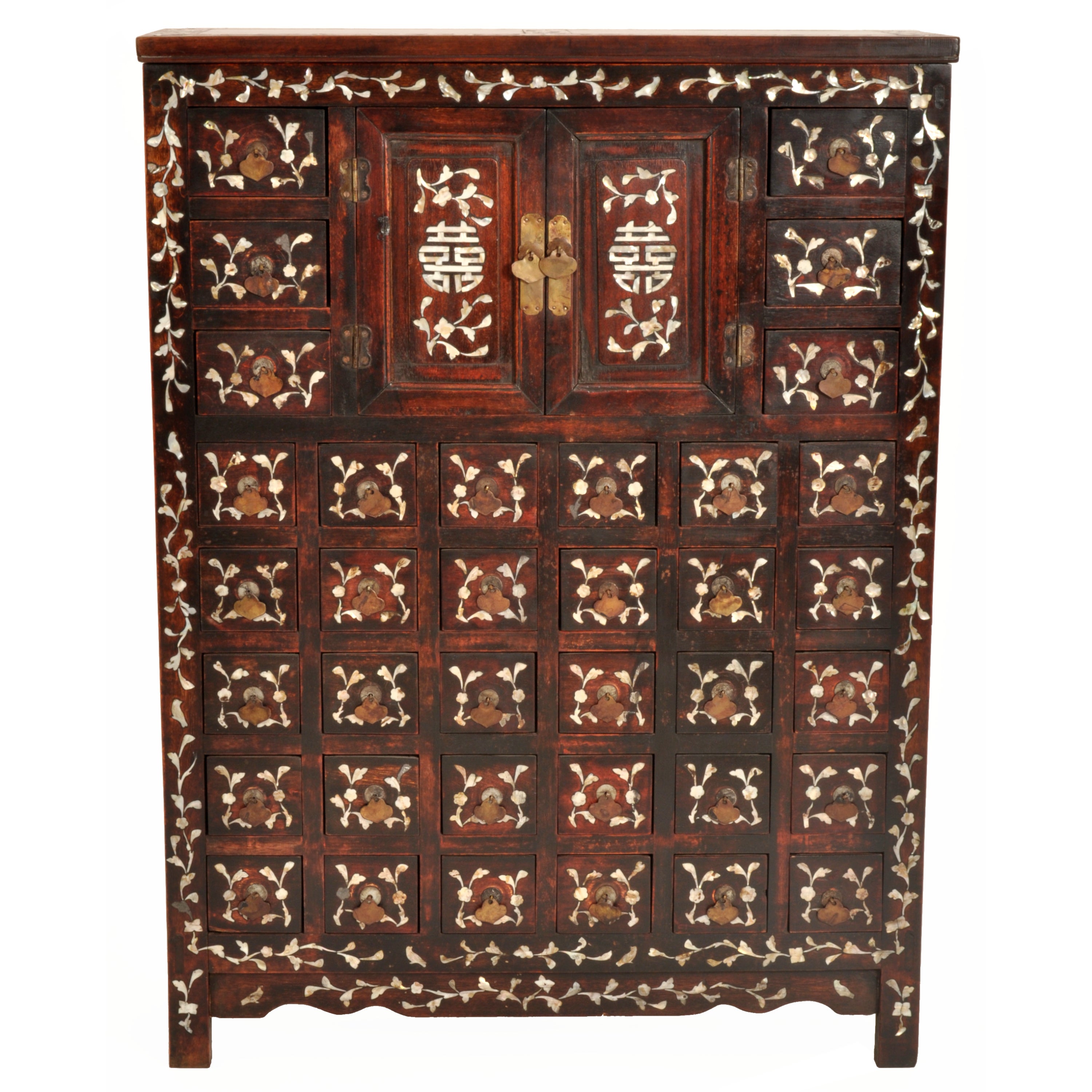 A fine & rare antique Chinese Qing dynasty rosewood and Mother-of-Pearl inlaid apothecary cabinet, circa 1850.
The cabinet having a hinged top inset with two dark marble panels and enclosing a shallow storage area, the outside of the cabinet is