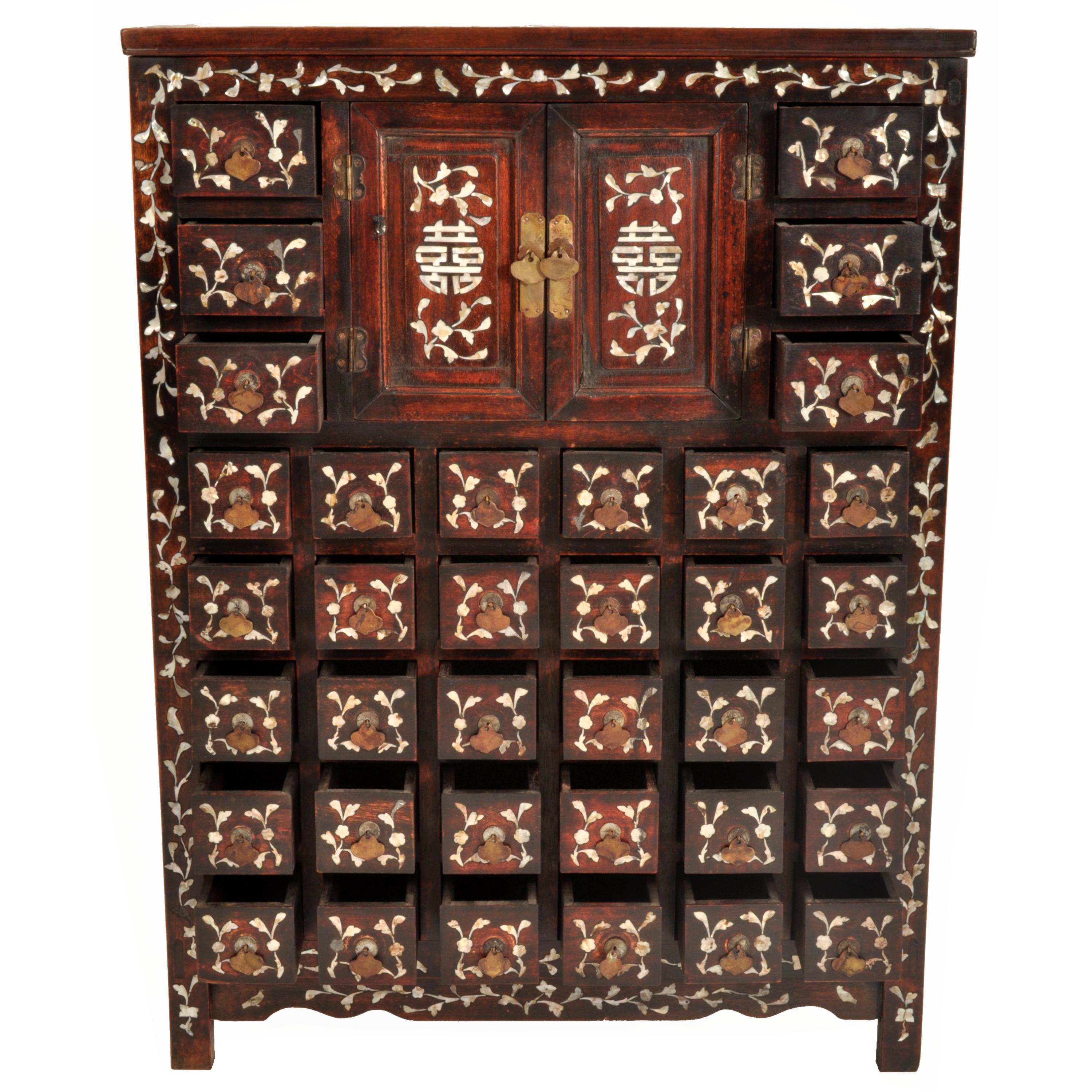 Inlay Antique Chinese Qing Rosewood Mother-of-Pearl Inlaid Apothecary Cabinet 1850