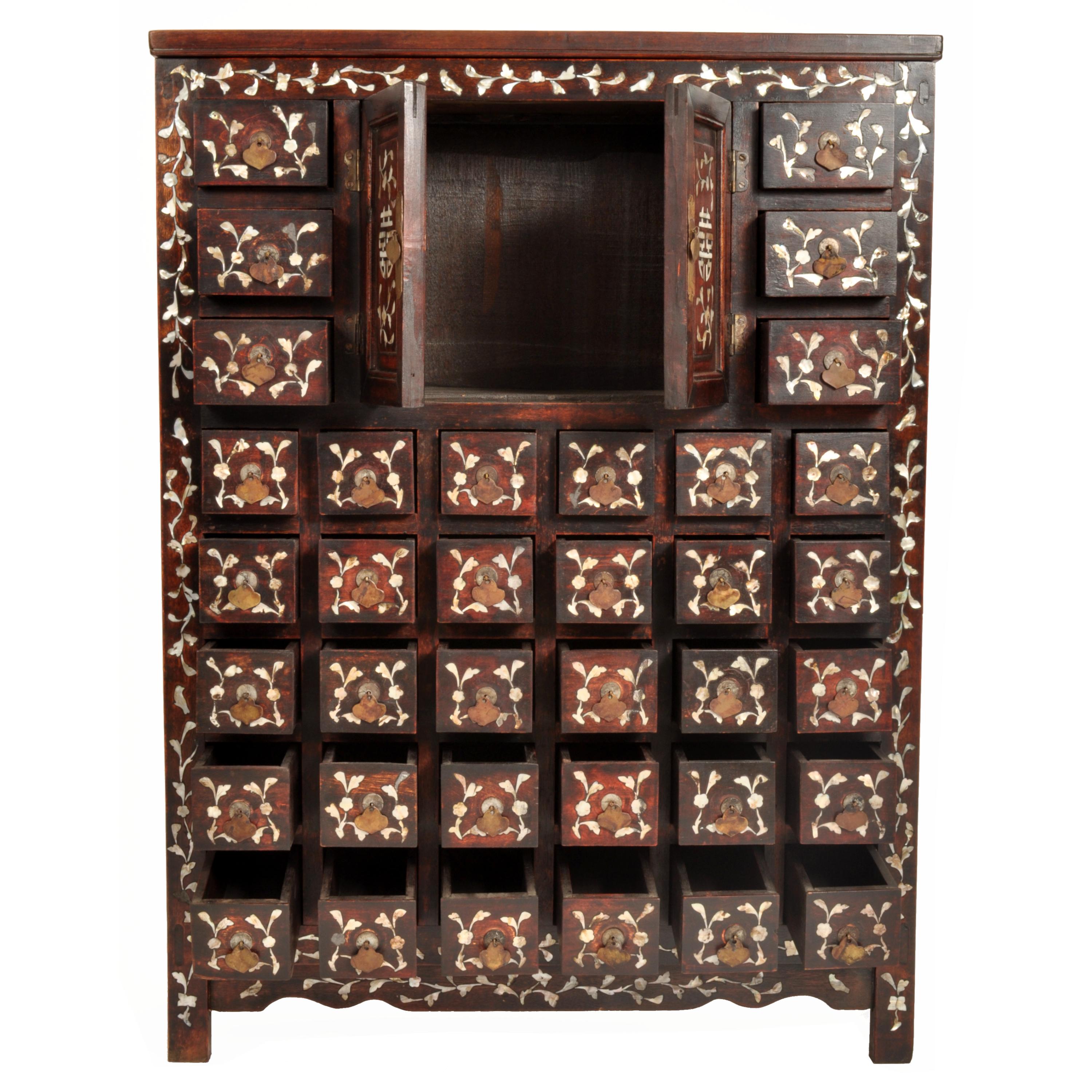 Inlay Antique Chinese Qing Rosewood Mother-of-Pearl Inlaid Apothecary Cabinet 1850