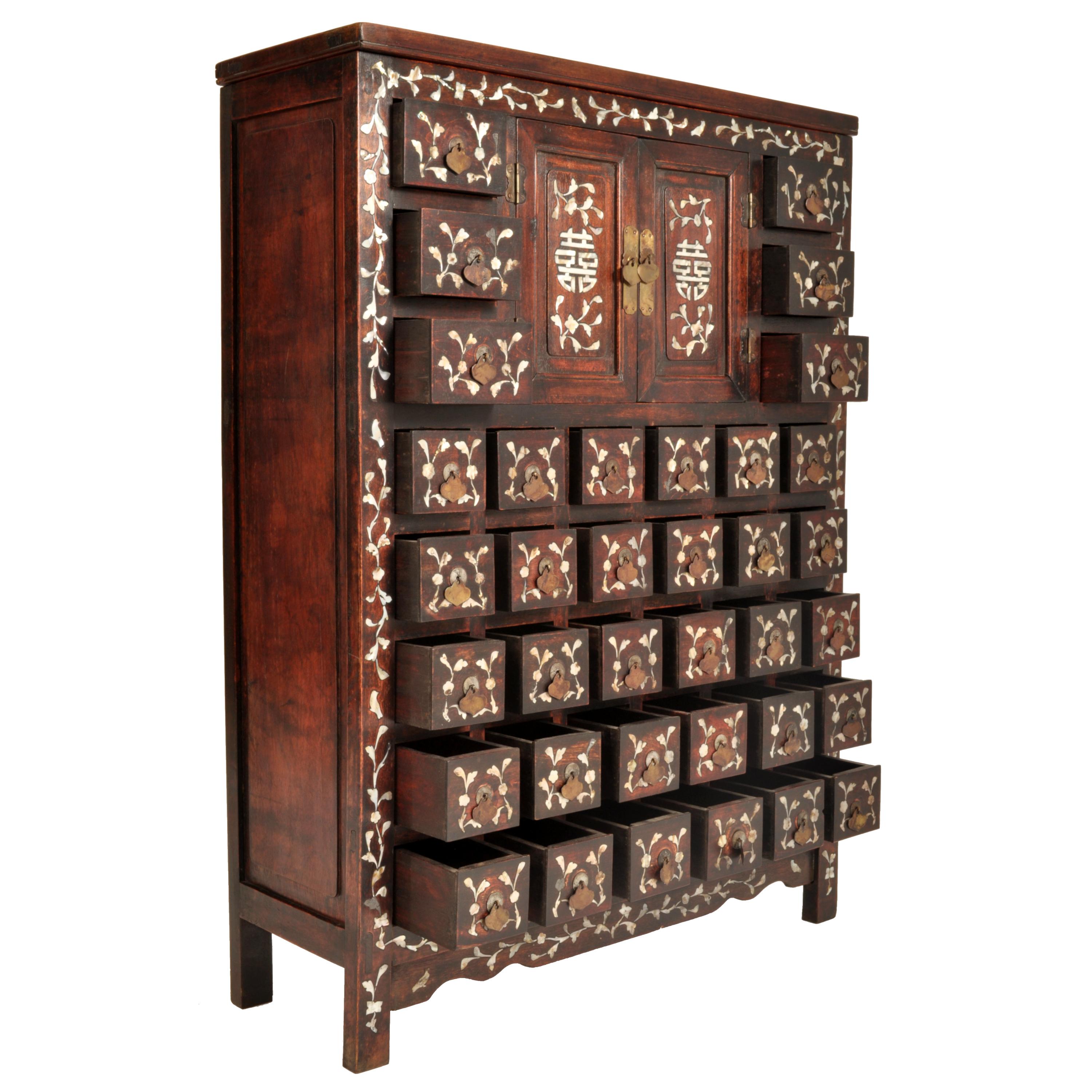 19th Century Antique Chinese Qing Rosewood Mother-of-Pearl Inlaid Apothecary Cabinet 1850