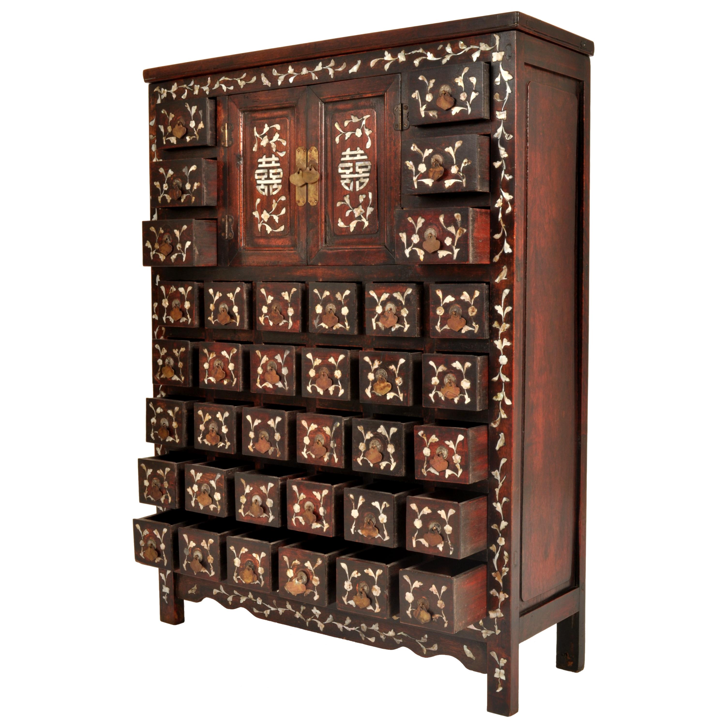 Antique Chinese Qing Rosewood Mother-of-Pearl Inlaid Apothecary Cabinet 1850 1