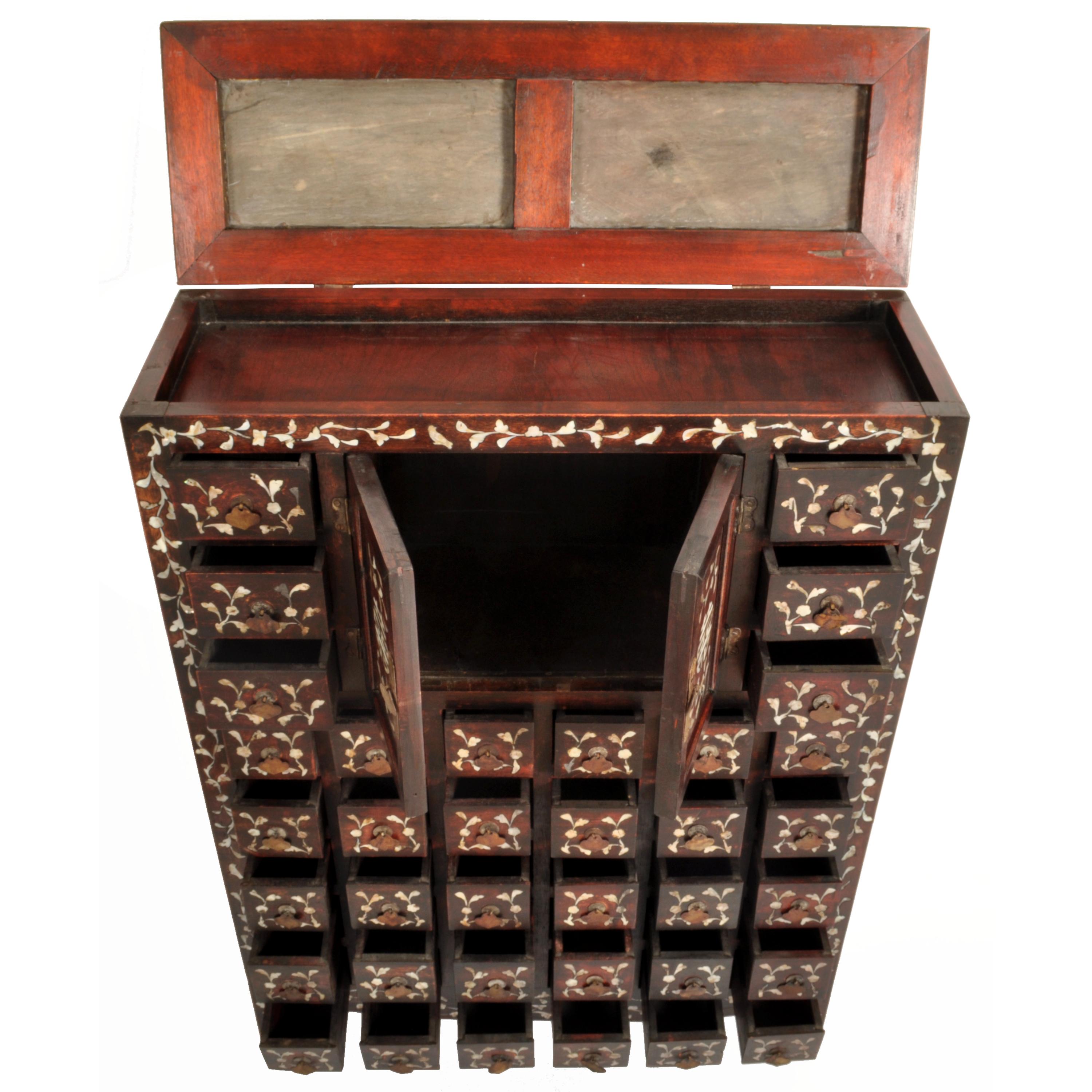Antique Chinese Qing Rosewood Mother-of-Pearl Inlaid Apothecary Cabinet 1850 1