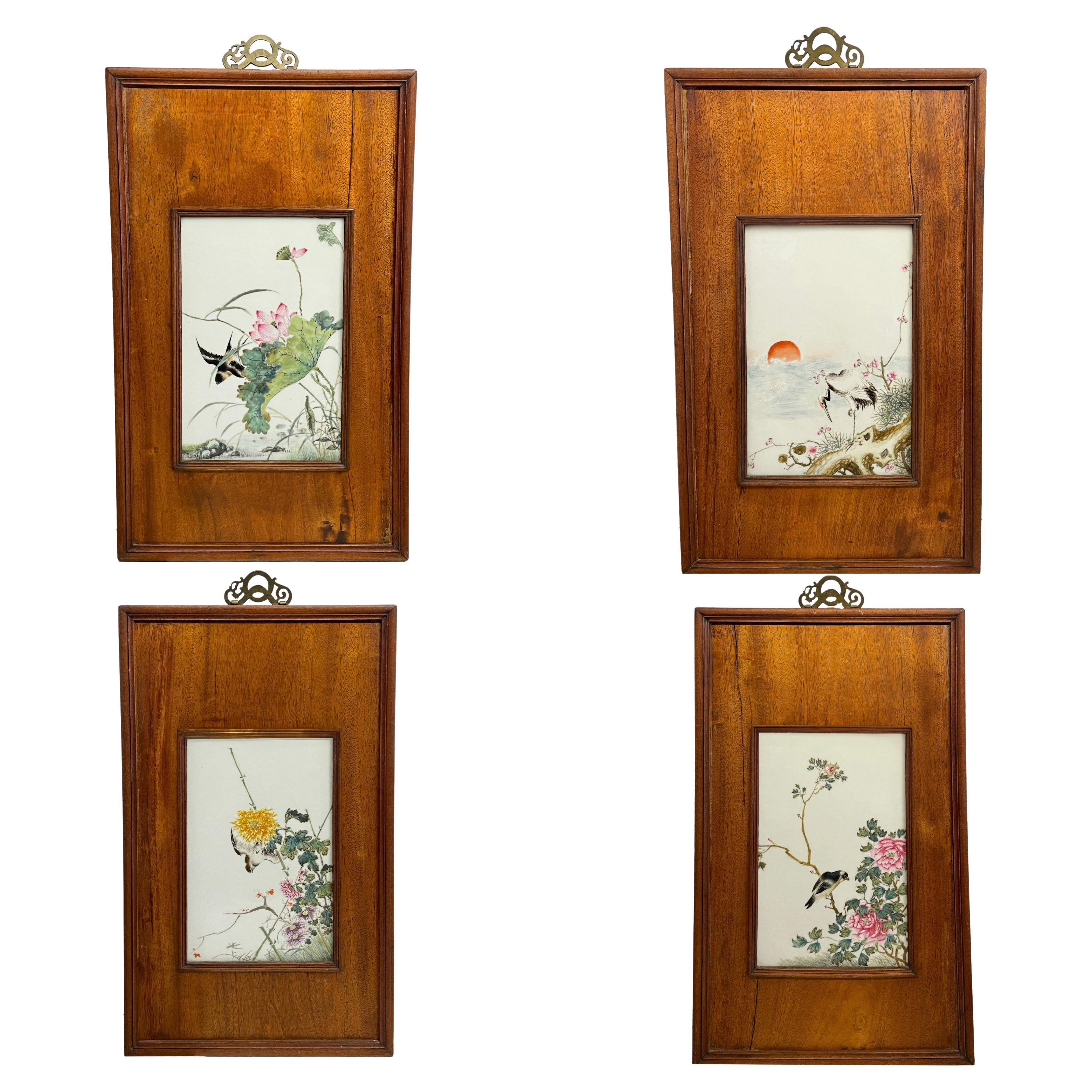 Antique Chinese Qing Set of Four Hand-Painted Porcelain Plaques "4 Seasons"