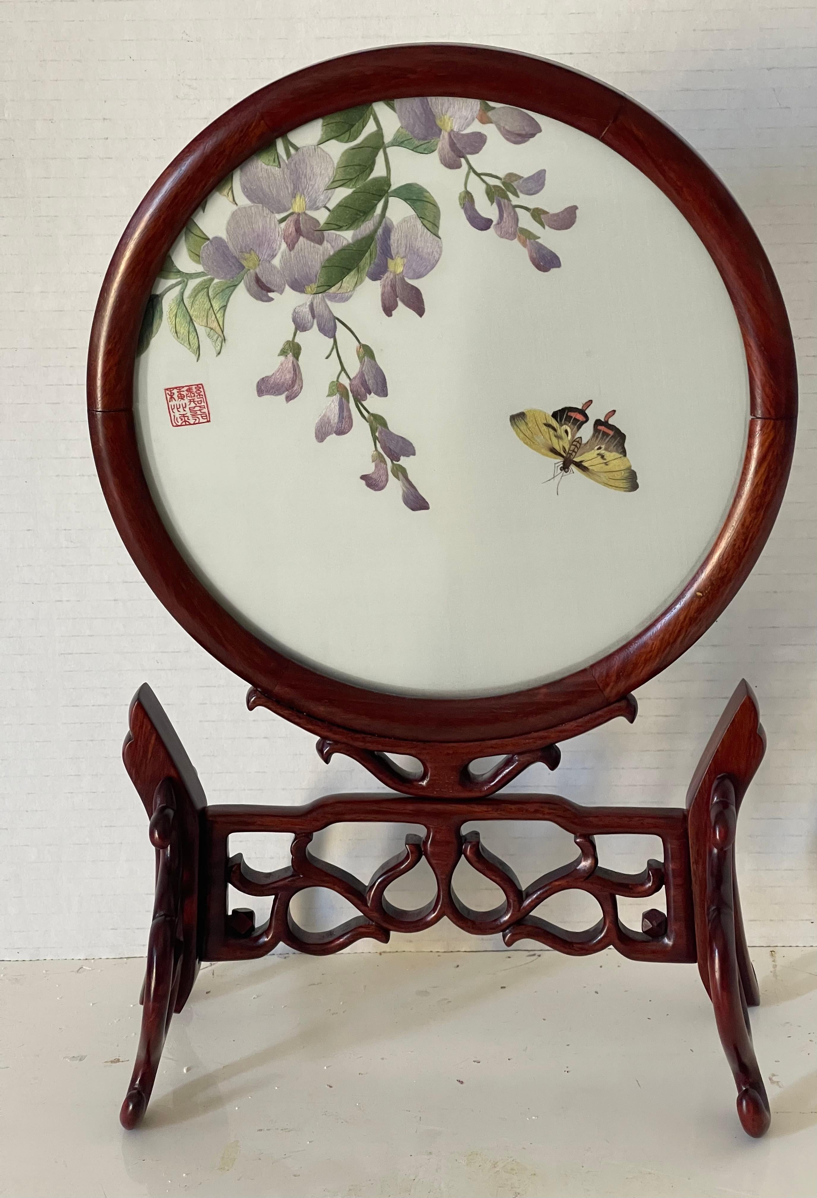 Chinese Chippendale Antique Chinese Qing Silk Embroidery Table Screen For Sale