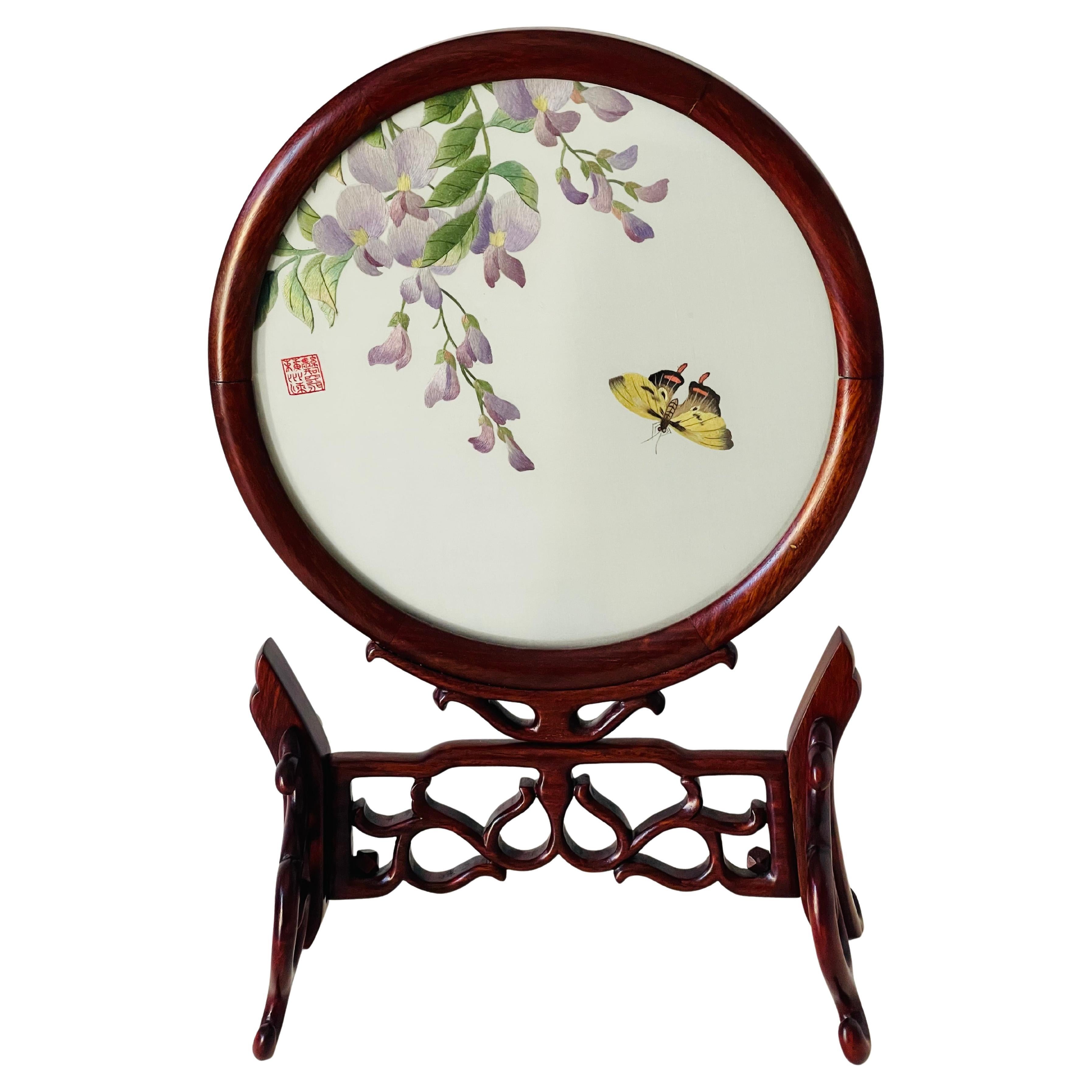 Antique Chinese Qing Silk Embroidery Table Screen For Sale