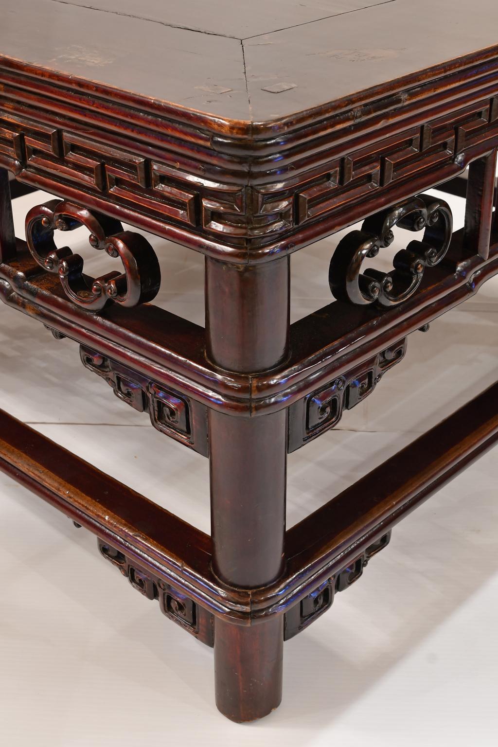 Antique Chinese Qing Square Coffee Table from Shanxi in Dark Cinnabar Paint In Good Condition For Sale In Miami, FL