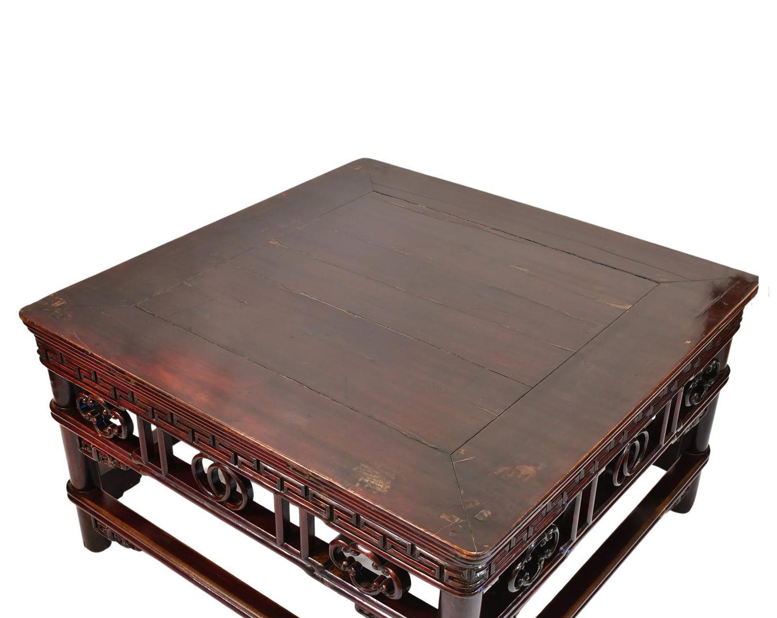 19th Century Antique Chinese Qing Square Coffee Table from Shanxi in Dark Cinnabar Paint For Sale
