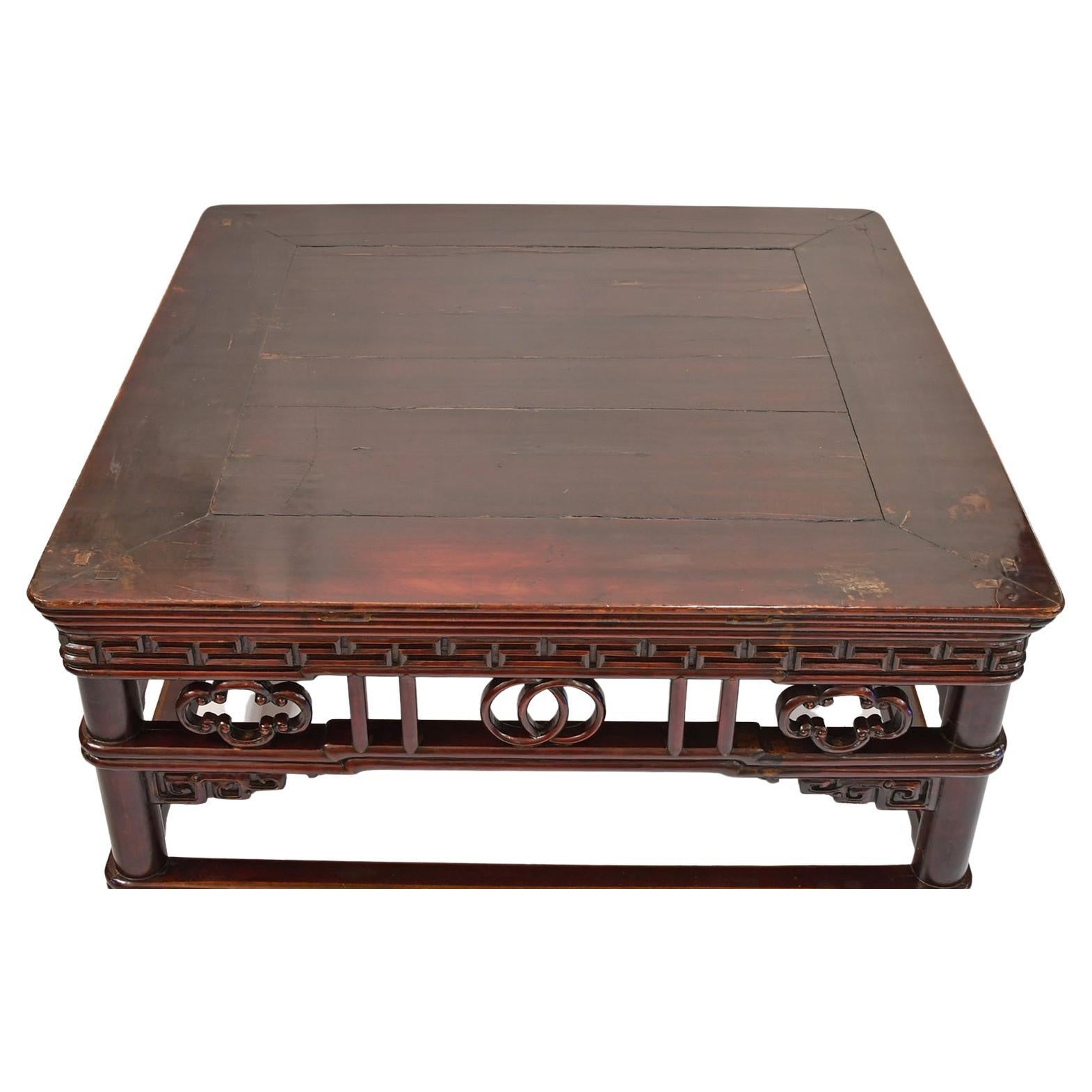 Hardwood Antique Chinese Qing Square Coffee Table from Shanxi in Dark Cinnabar Paint For Sale