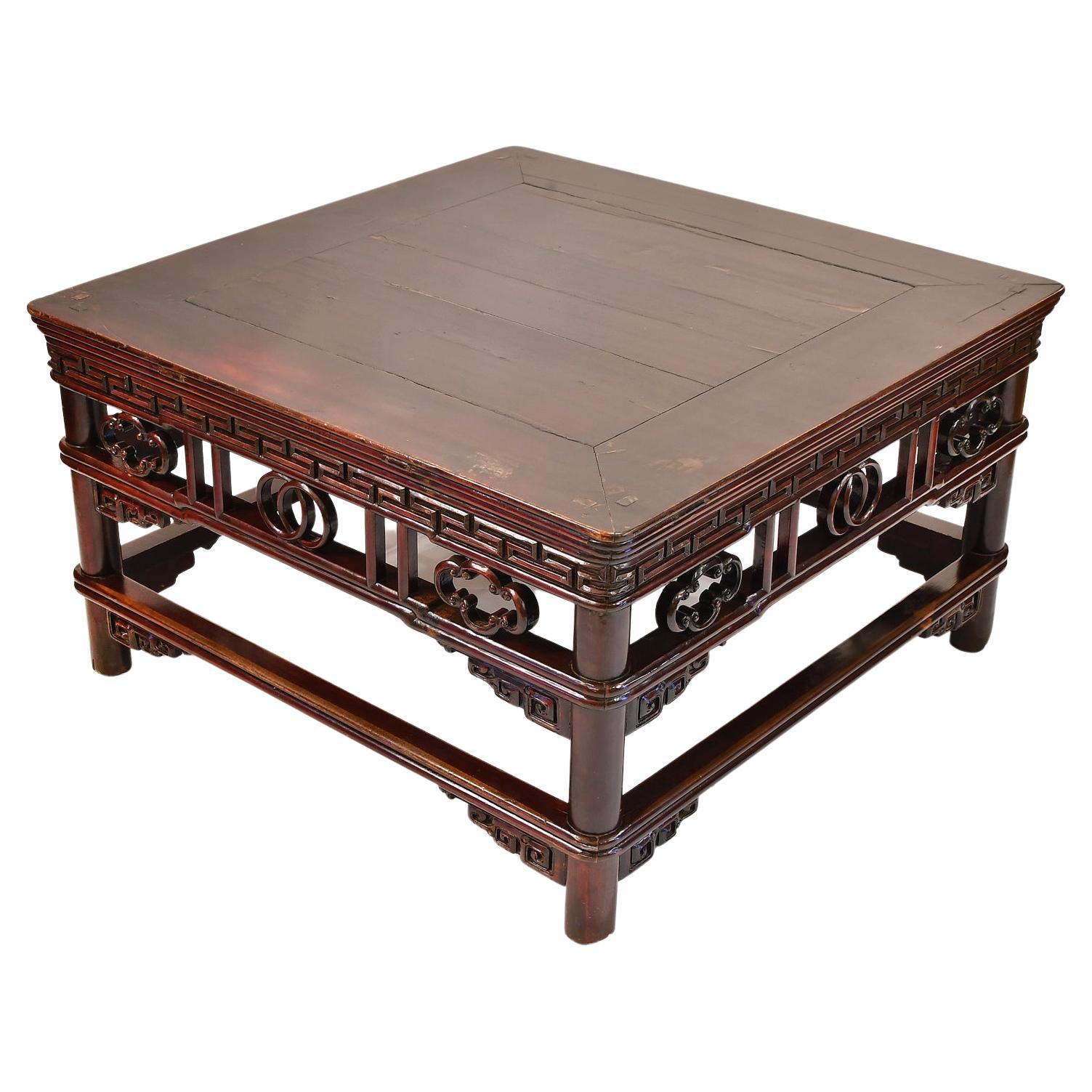 Antique Chinese Qing Square Coffee Table from Shanxi in Dark Cinnabar Paint For Sale