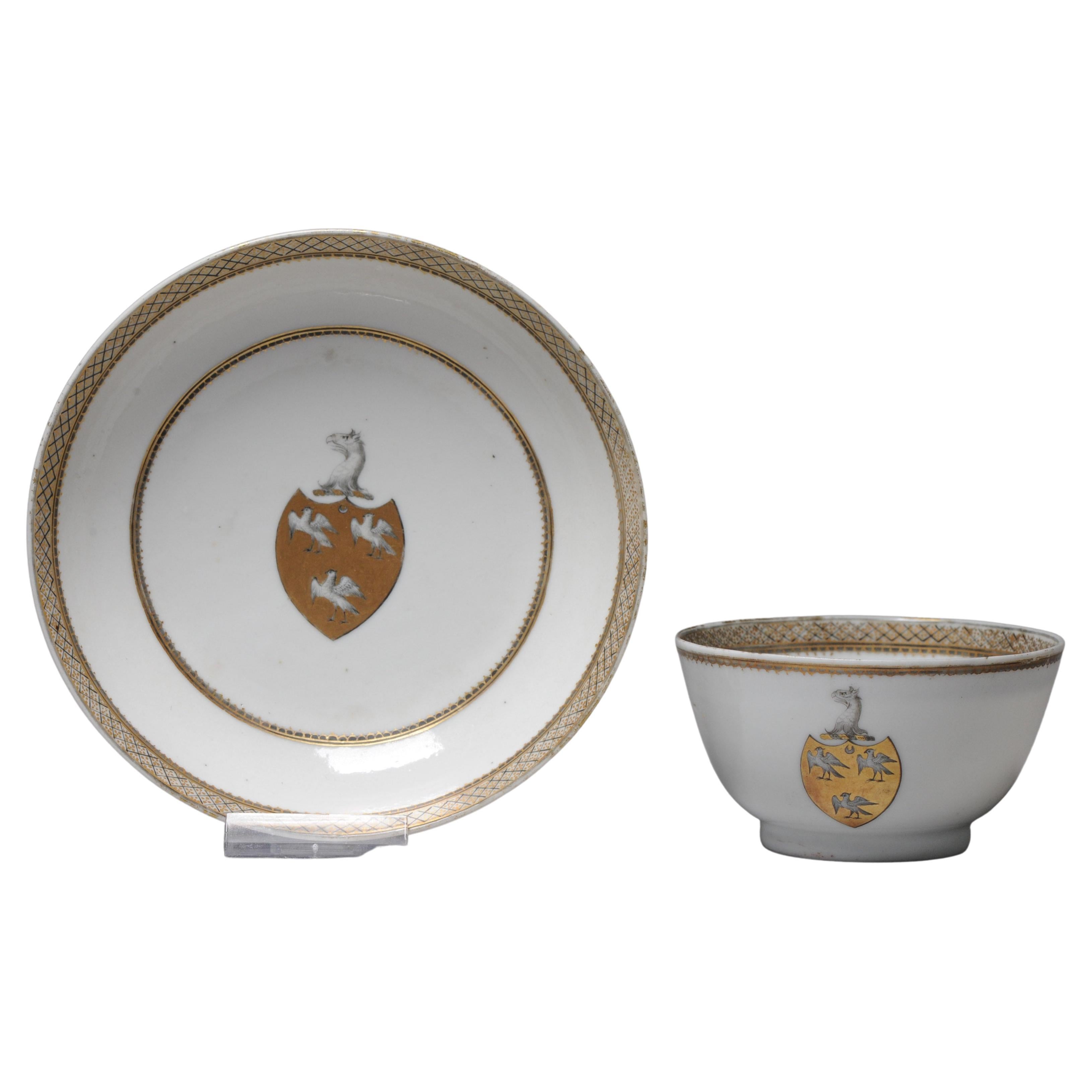 Antique Chinese Ramsey Armorial Tea Seat Bowl Saucer Porcelain Qianlong China