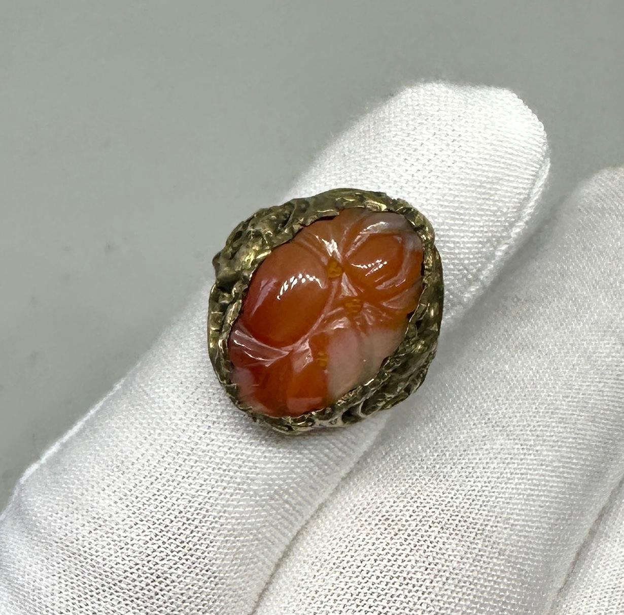 Mixed Cut Antique Chinese Rat Carnelian Flower Ring Silver Rare Year Of The Rat For Sale