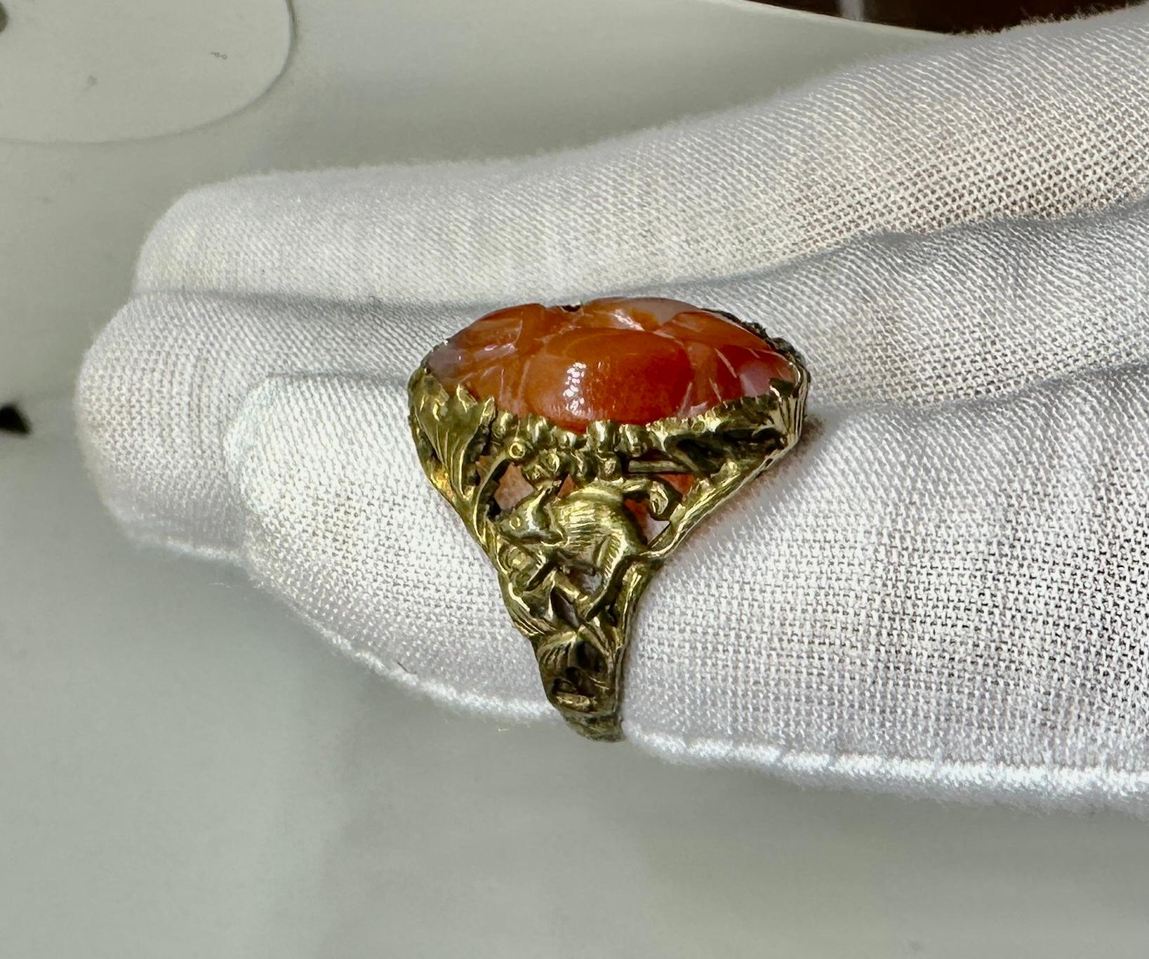Antique Chinese Rat Carnelian Flower Ring Silver Rare Year Of The Rat In Excellent Condition For Sale In New York, NY