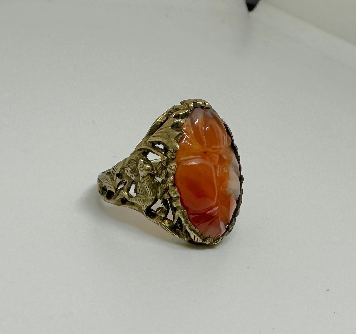 Women's or Men's Antique Chinese Rat Carnelian Flower Ring Silver Rare Year Of The Rat For Sale