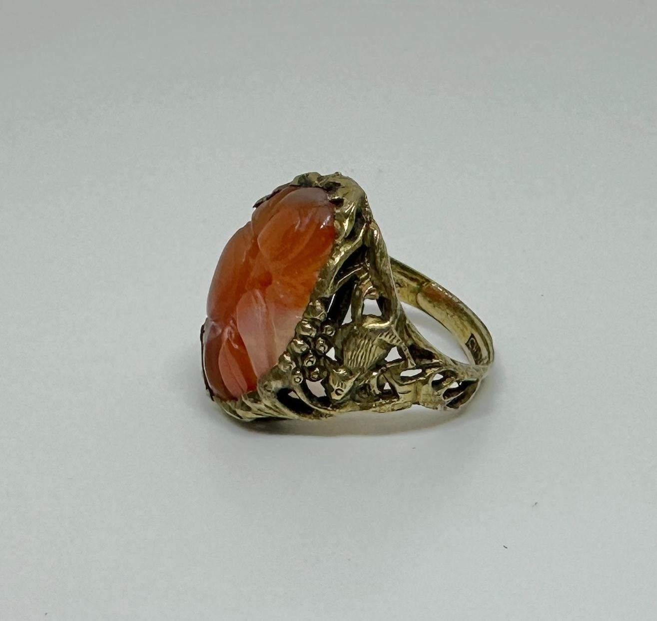 Antique Chinese Rat Carnelian Flower Ring Silver Rare Year Of The Rat For Sale 1