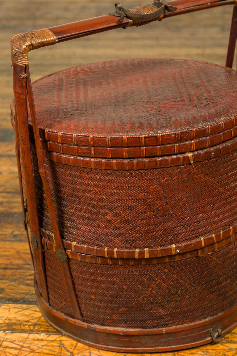 19th Century Antique Chinese Rattan and Bamboo Nested Lunch Basket with Carved Handle For Sale