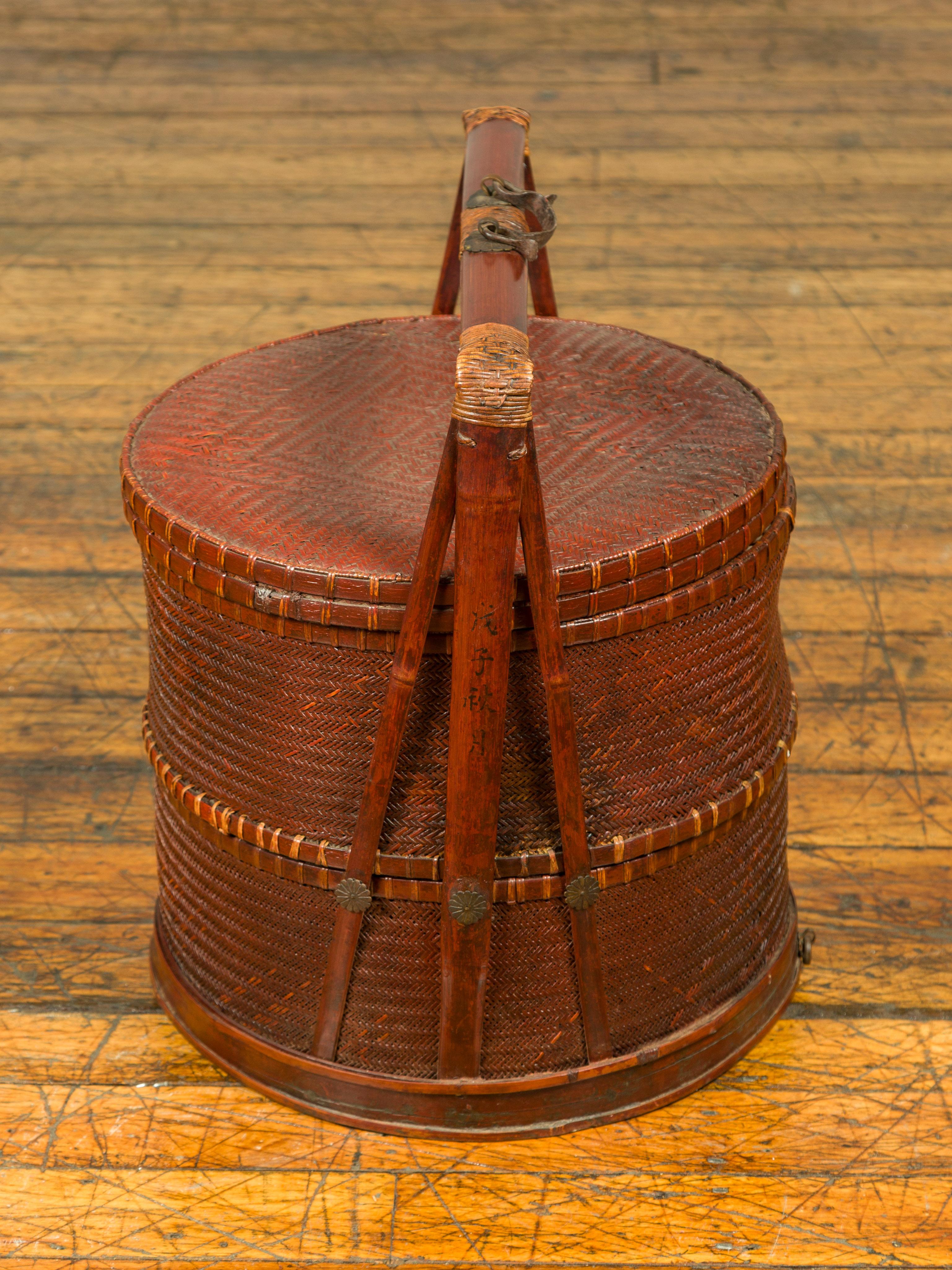 19th Century Antique Chinese Rattan and Bamboo Nested Lunch Basket with Carved Handle For Sale