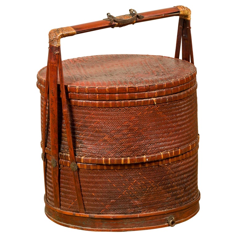 Antique Chinese Rattan and Bamboo Nested Lunch Basket with Carved Handle For Sale