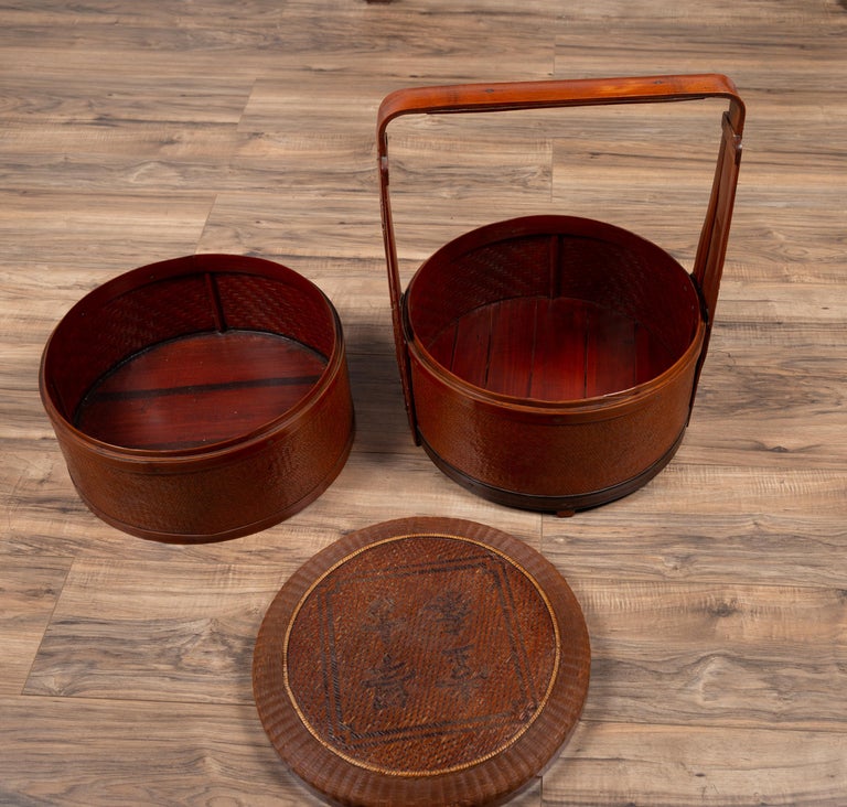 Antique Chinese Rattan Nested Lunch Basket with Carved Handle and Calligraphy For Sale at 1stDibs