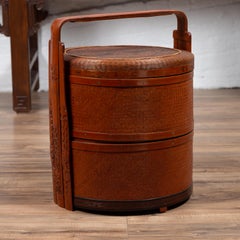 Antique Chinese Rattan Nested Lunch Basket with Carved Handle and Calligraphy