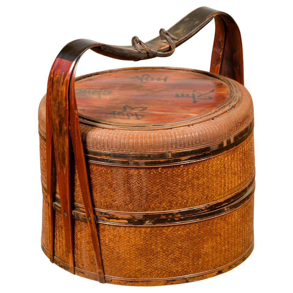Chinese Vintage Two-Tiered Bamboo and Rattan Lunch Basket with Large ...