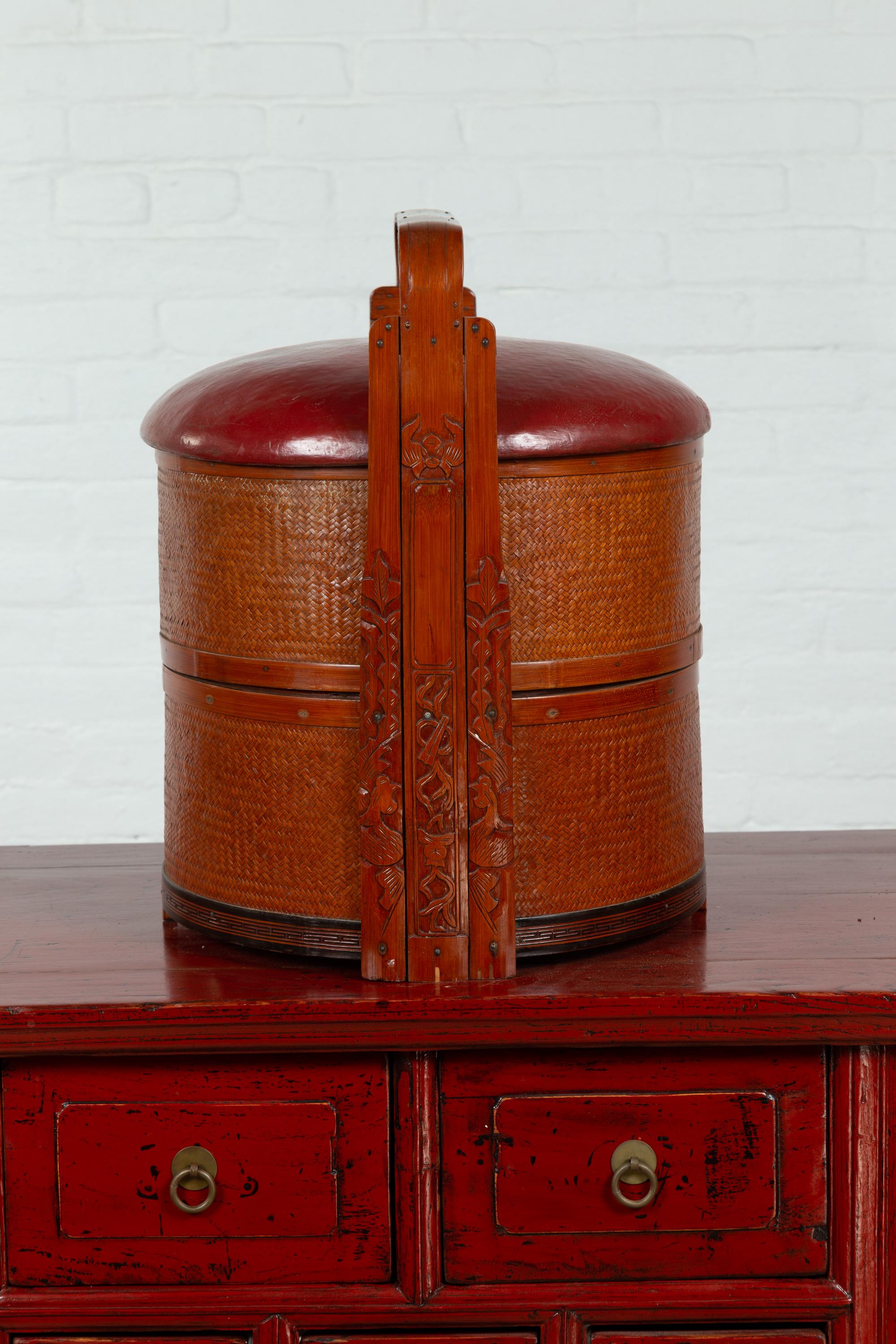 Antique Chinese Rattan Tiered Wedding Basket with Carved Handle and Red Top For Sale 5