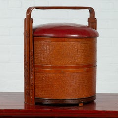 Antique Rattan Tiered Wedding Basket with Carved Handle and Red Top