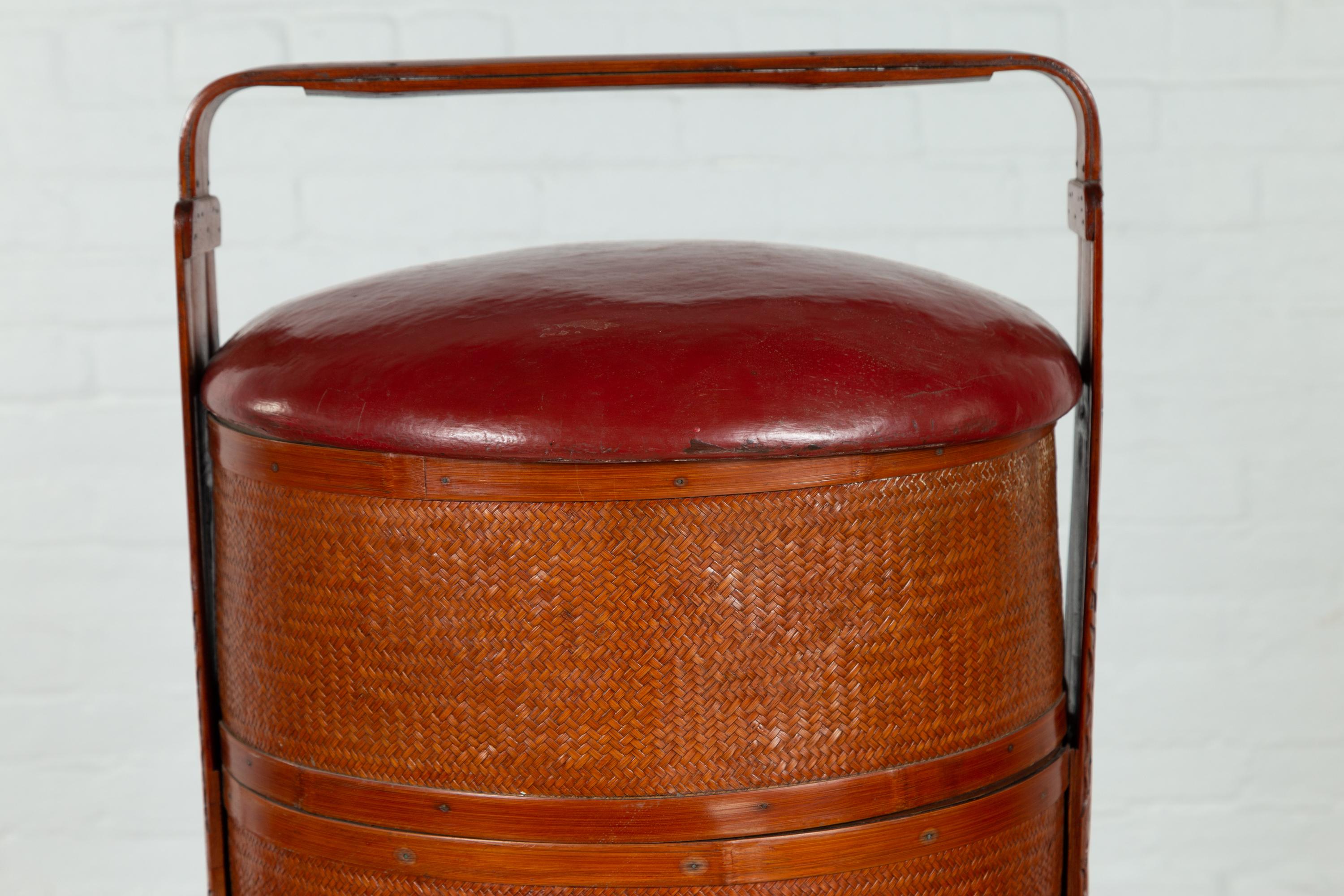 Antique Chinese Rattan Tiered Wedding Basket with Carved Handle and Red Top In Good Condition For Sale In Yonkers, NY