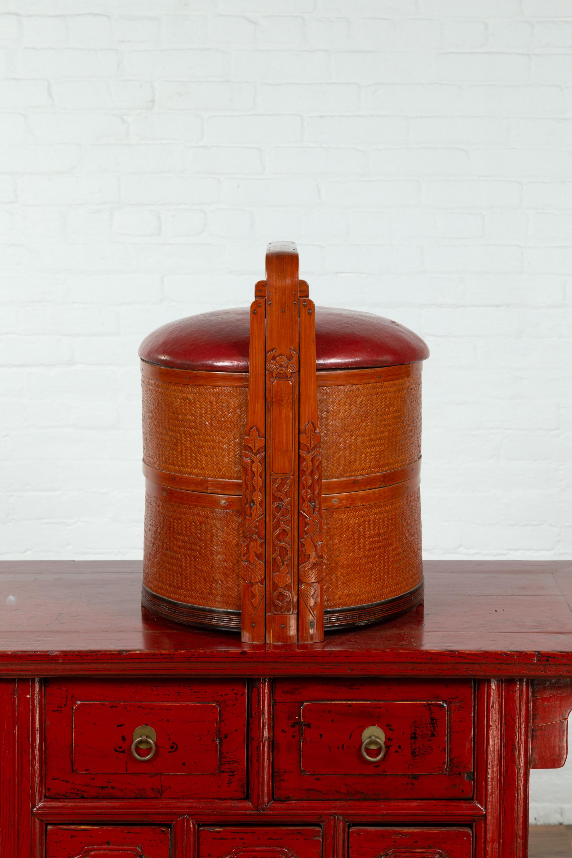 Antique Chinese Rattan Tiered Wedding Basket with Carved Handle and Red Top For Sale 3