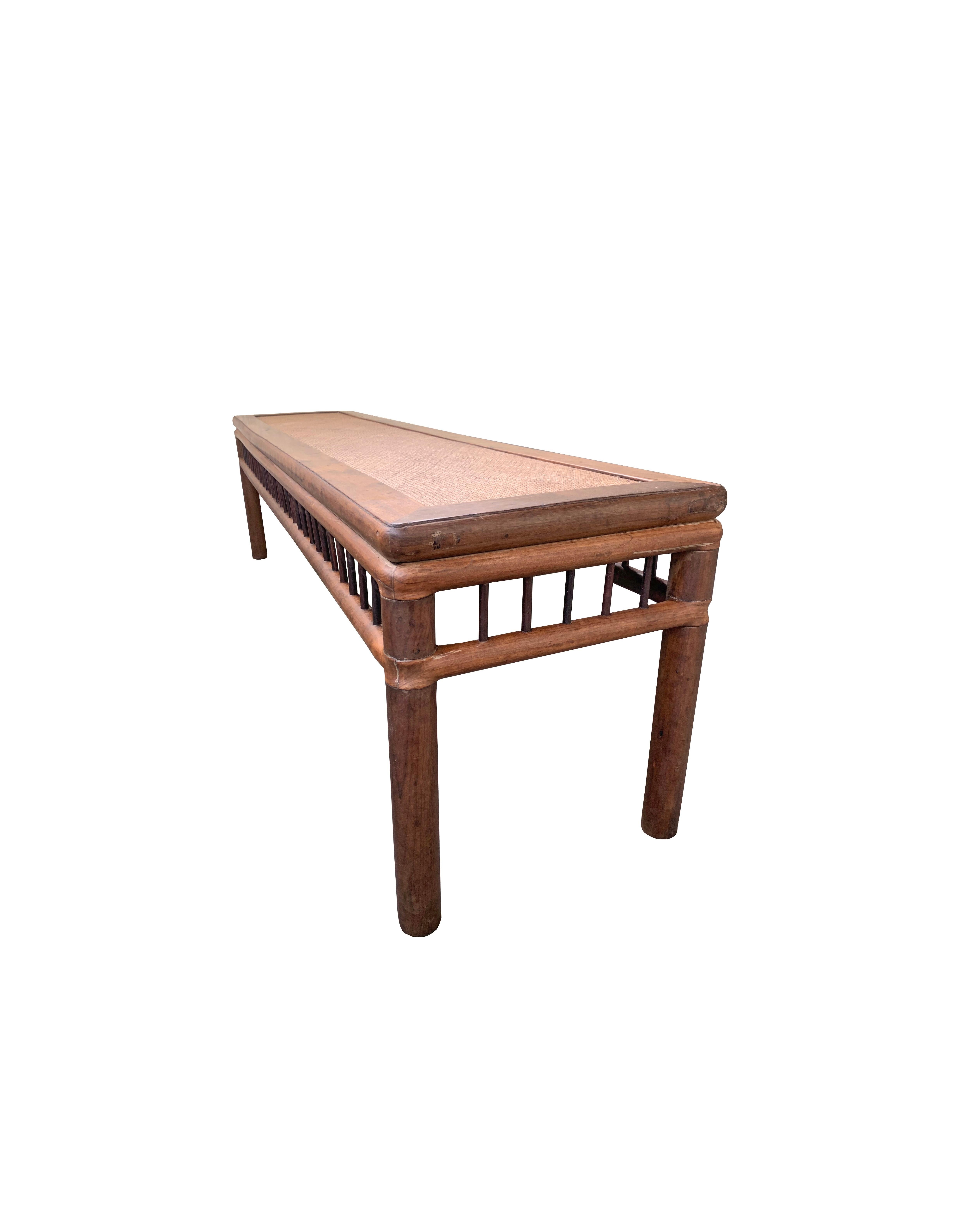 Antique Chinese Rattan Top and Wooden Long Bench, Qing Dynasty at 1stDibs