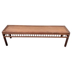 Antique Chinese Rattan Top & Wooden Long Bench, Qing Dynasty