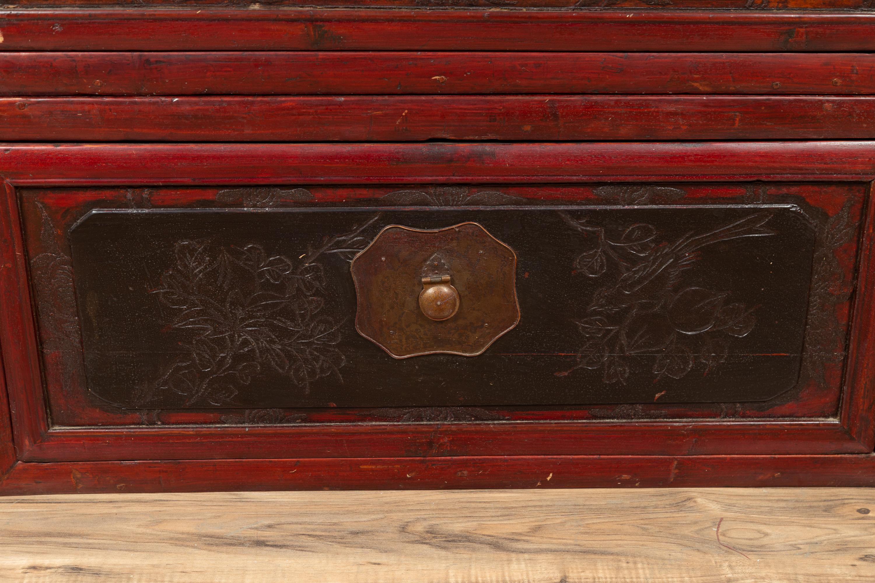 Antique Chinese Red and Black Lacquered Three-Section Chest with Carved Figures For Sale 4