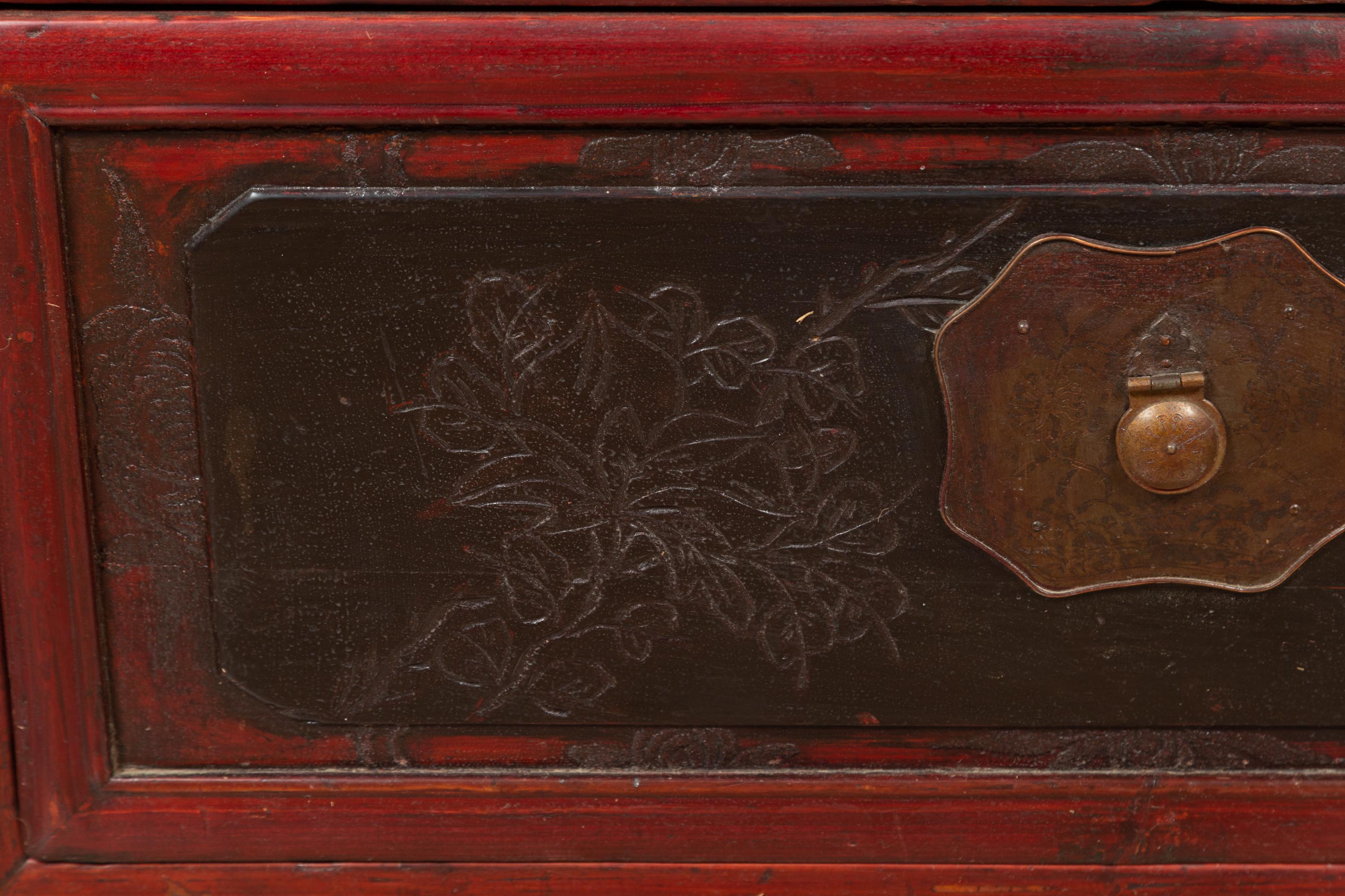 Antique Chinese Red and Black Lacquered Three-Section Chest with Carved Figures For Sale 5