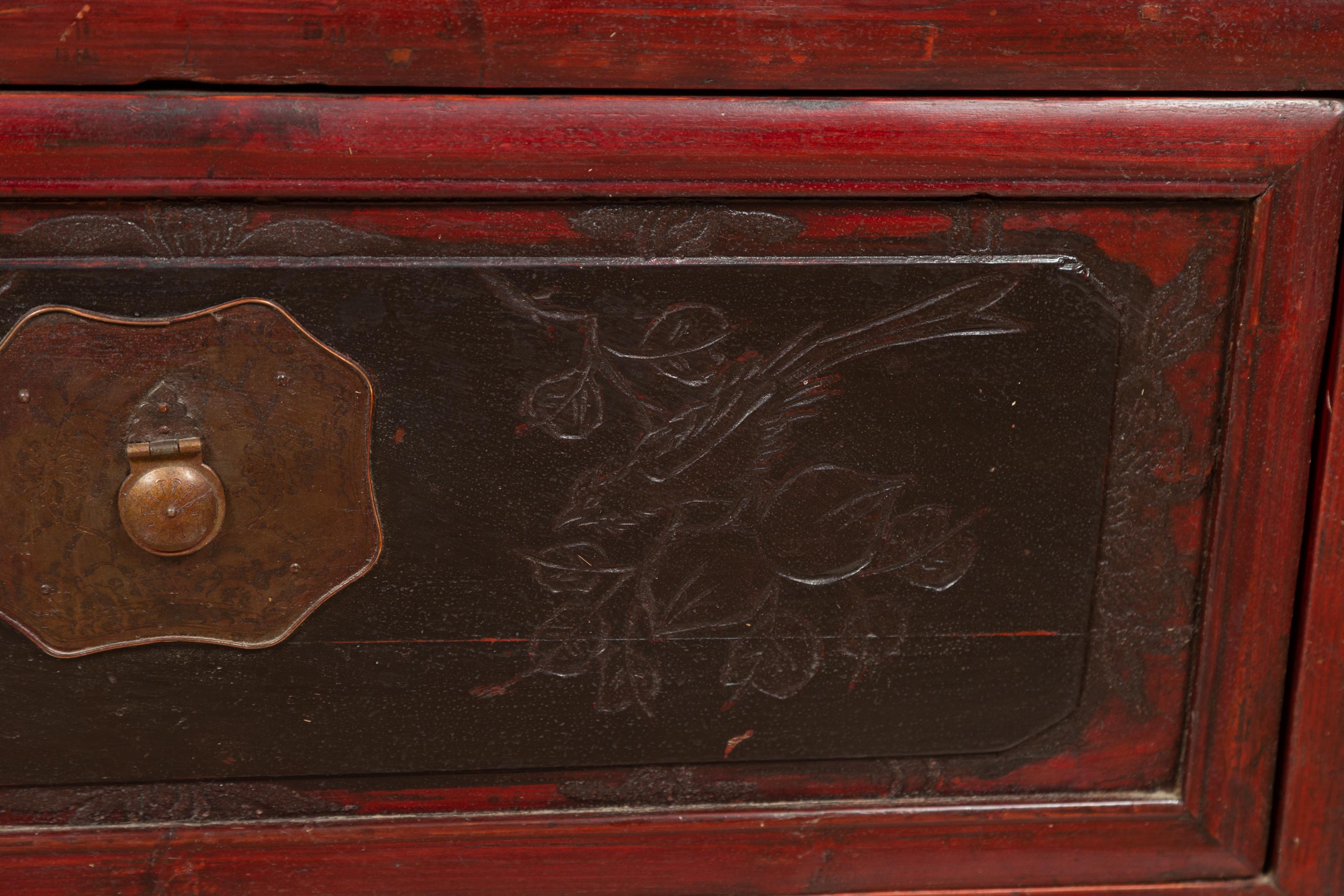 Antique Chinese Red and Black Lacquered Three-Section Chest with Carved Figures For Sale 6