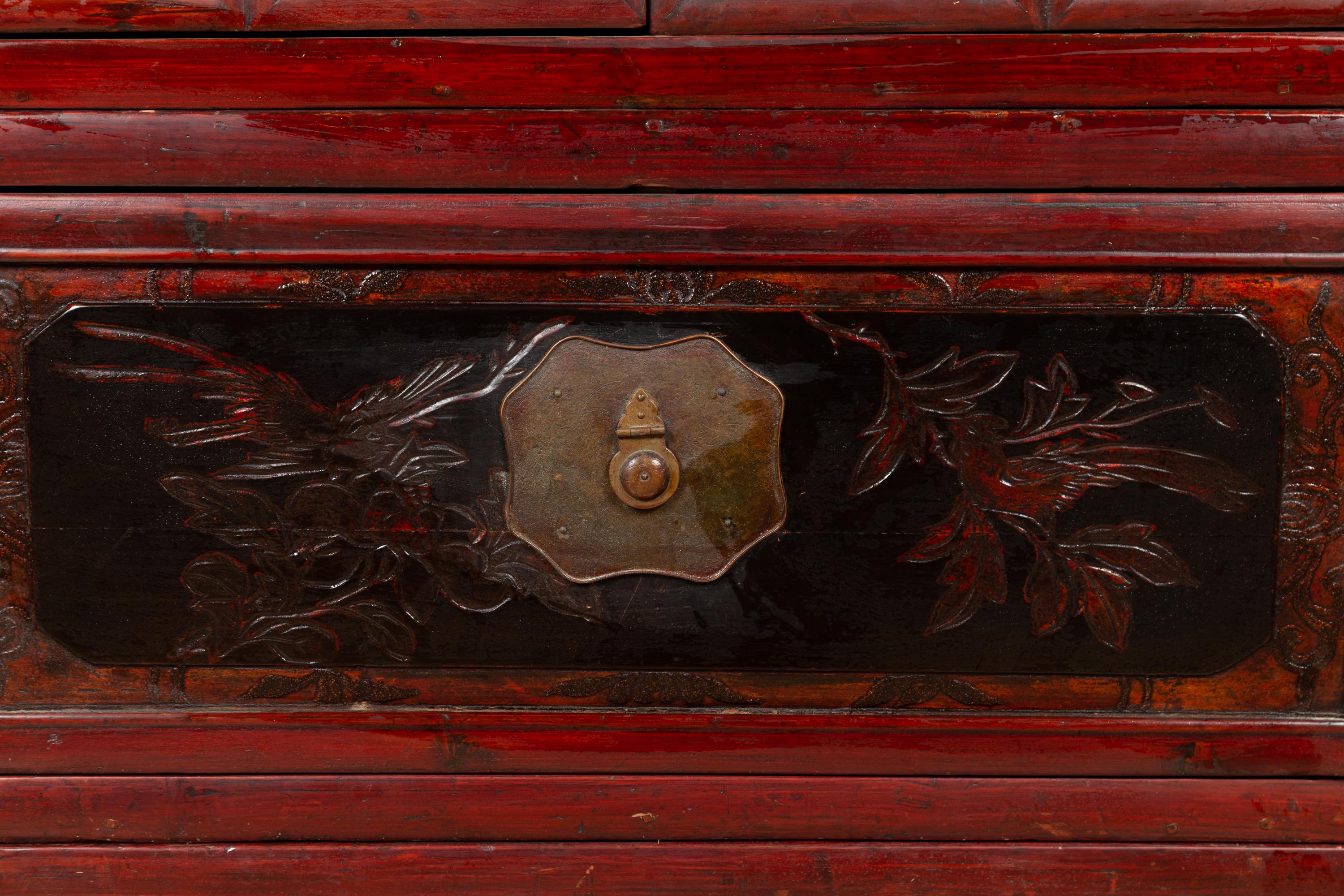 Antique Chinese Red and Black Lacquered Three-Section Chest with Carved Figures For Sale 7