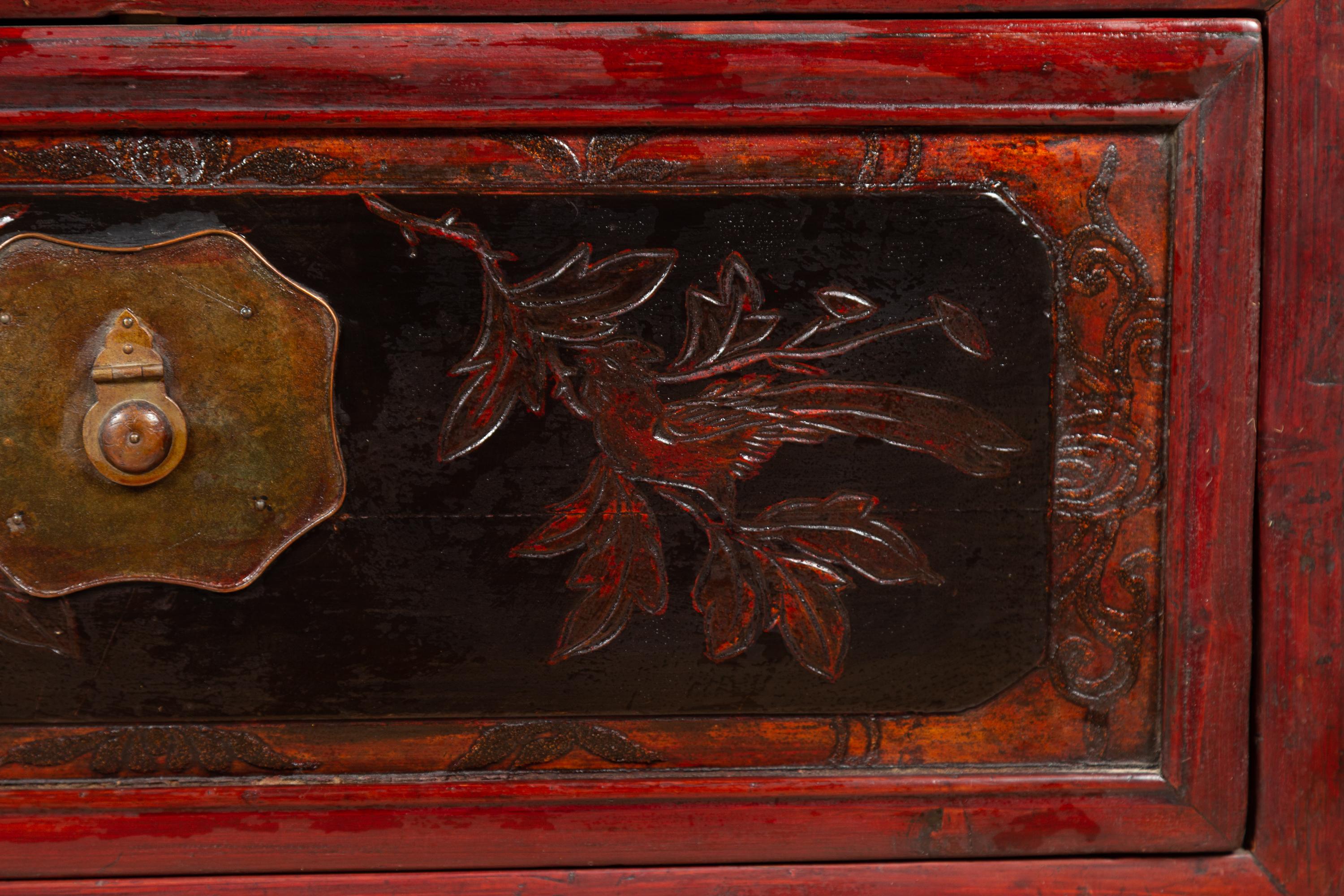 Antique Chinese Red and Black Lacquered Three-Section Chest with Carved Figures For Sale 8
