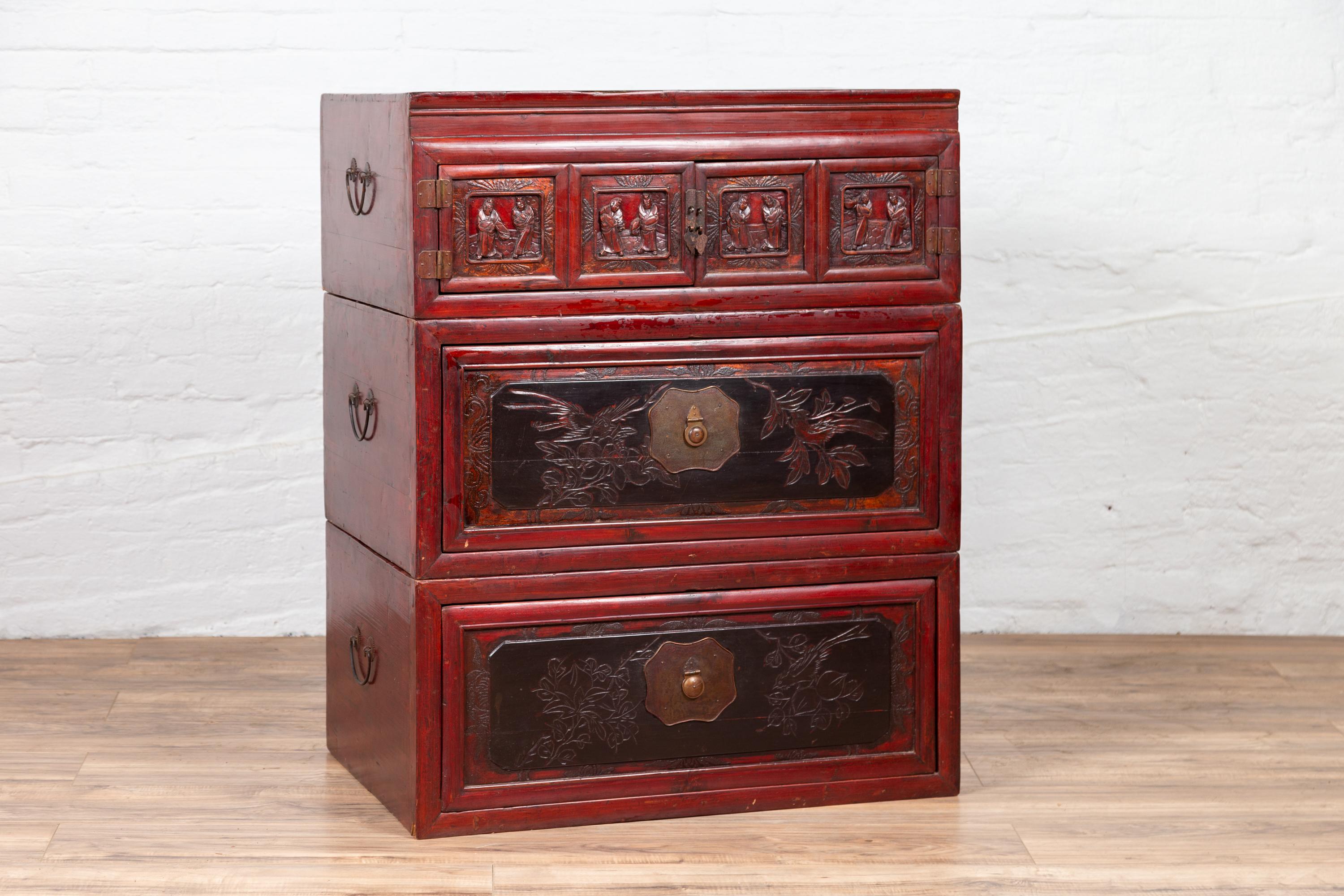 Antique Chinese Red and Black Lacquered Three-Section Chest with Carved Figures For Sale 9