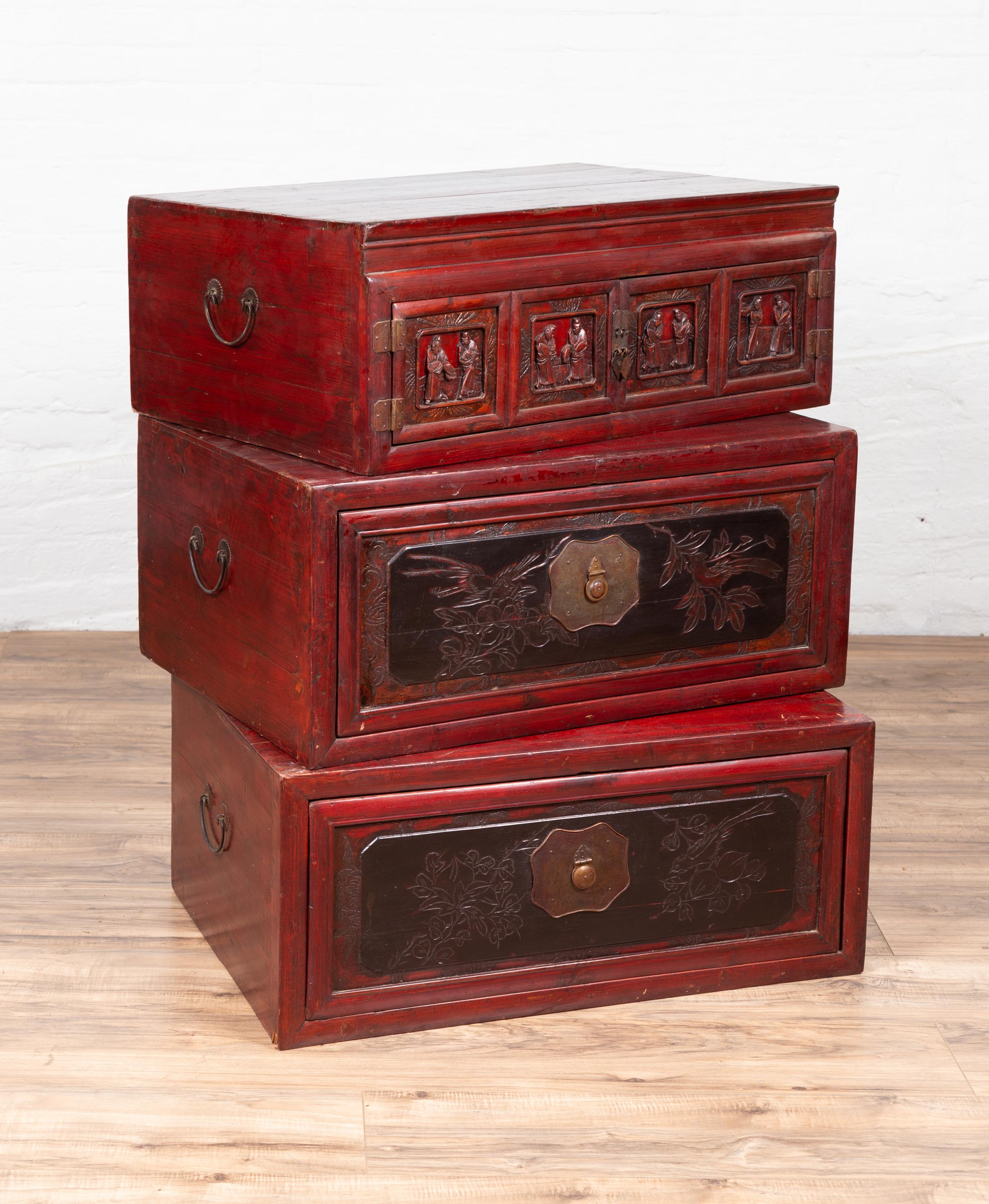 Antique Chinese Red and Black Lacquered Three-Section Chest with Carved Figures For Sale 10