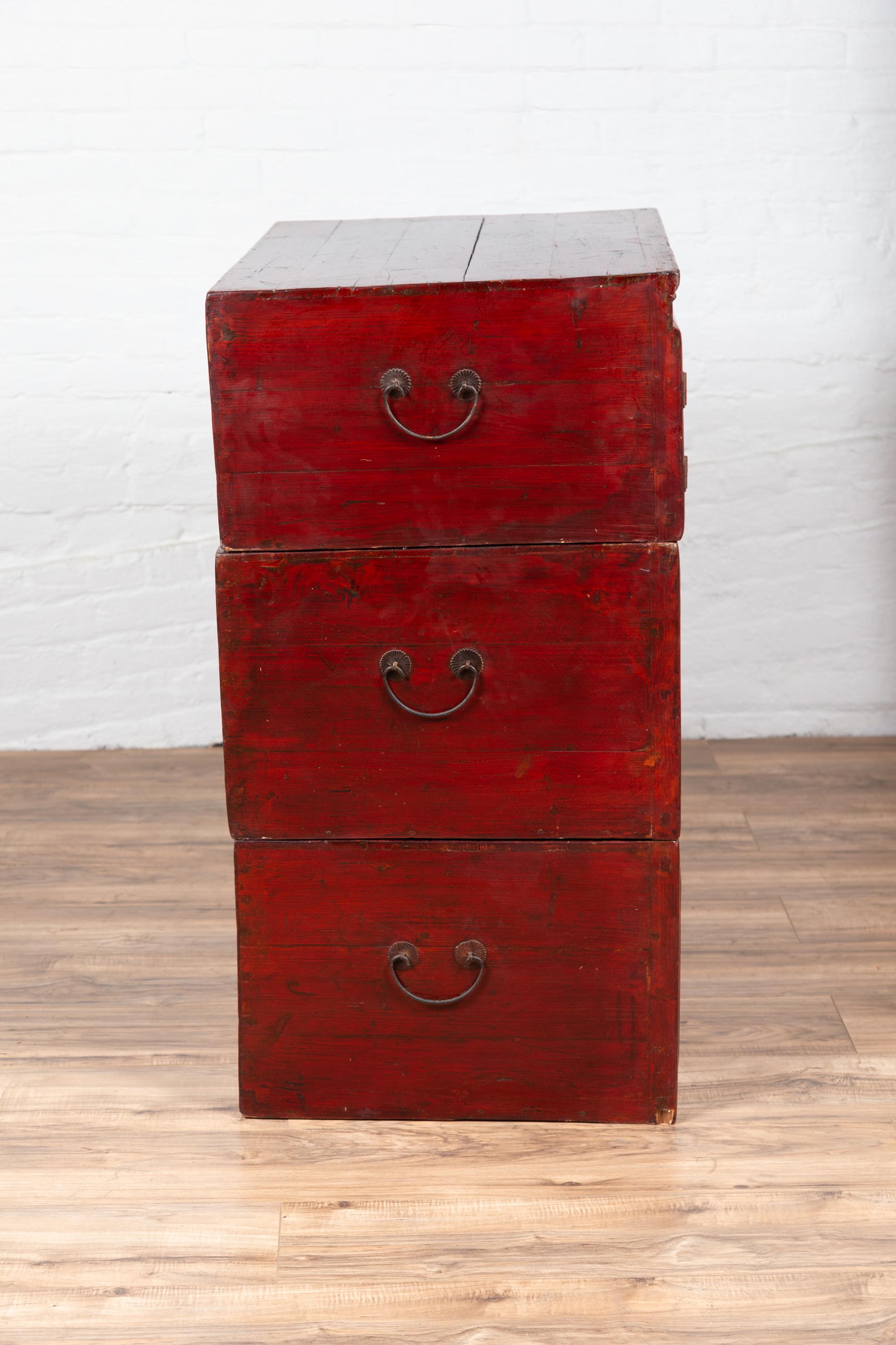 Antique Chinese Red and Black Lacquered Three-Section Chest with Carved Figures For Sale 11