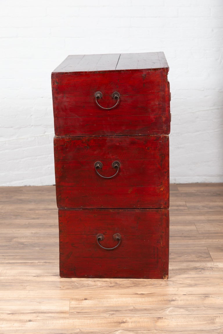 Antique Chinese Red And Black Lacquered Three Section Chest With