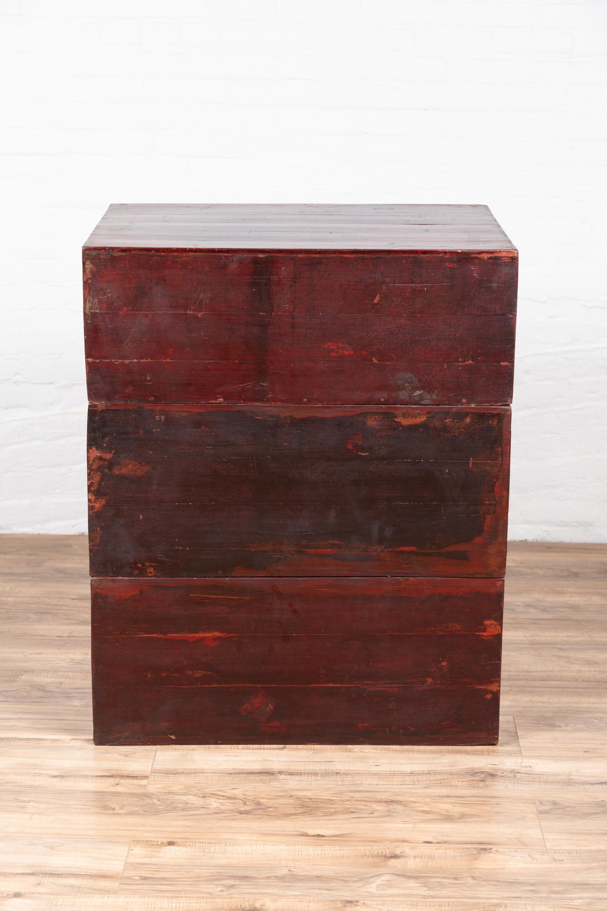 Antique Chinese Red and Black Lacquered Three-Section Chest with Carved Figures For Sale 12