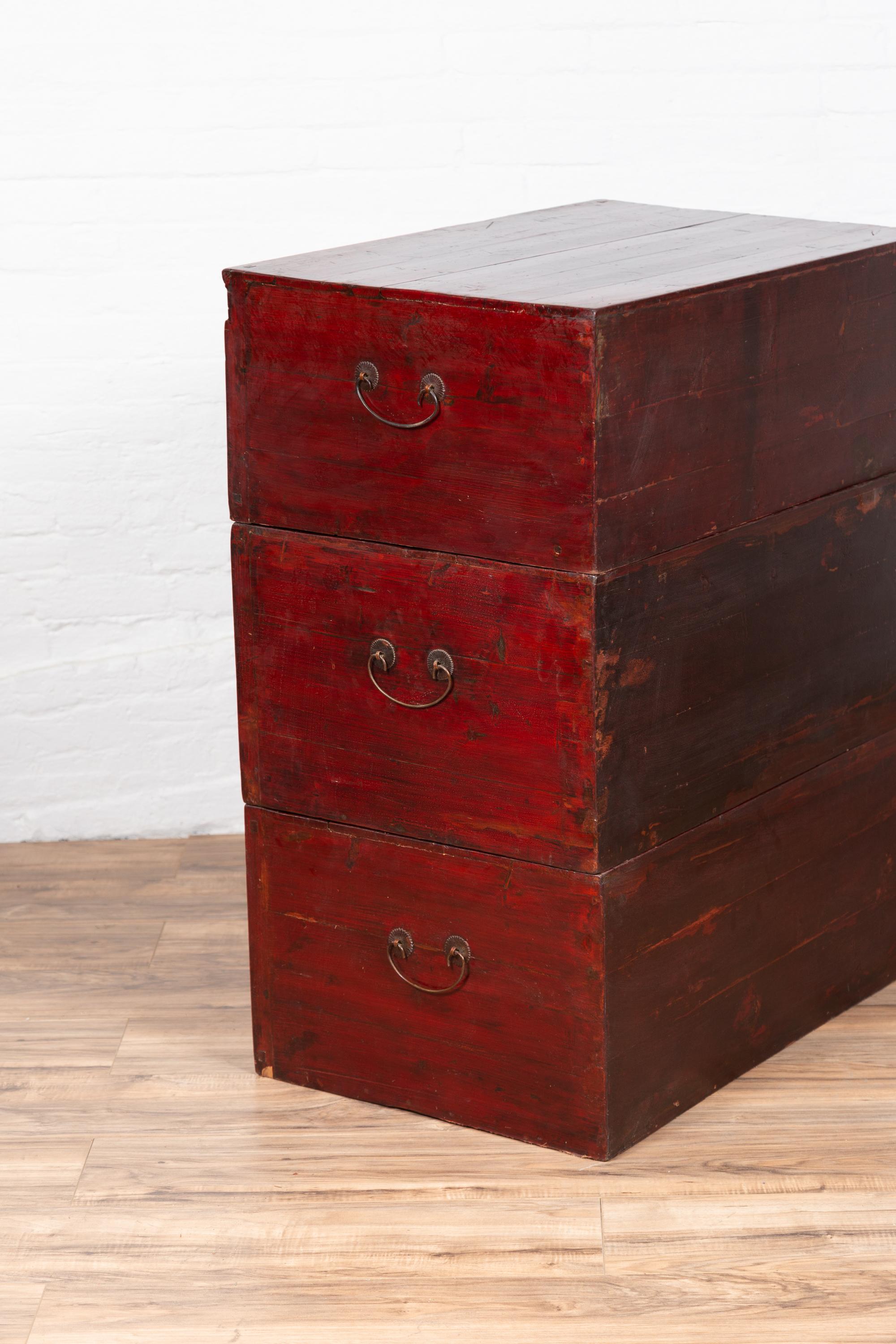 Antique Chinese Red and Black Lacquered Three-Section Chest with Carved Figures For Sale 13