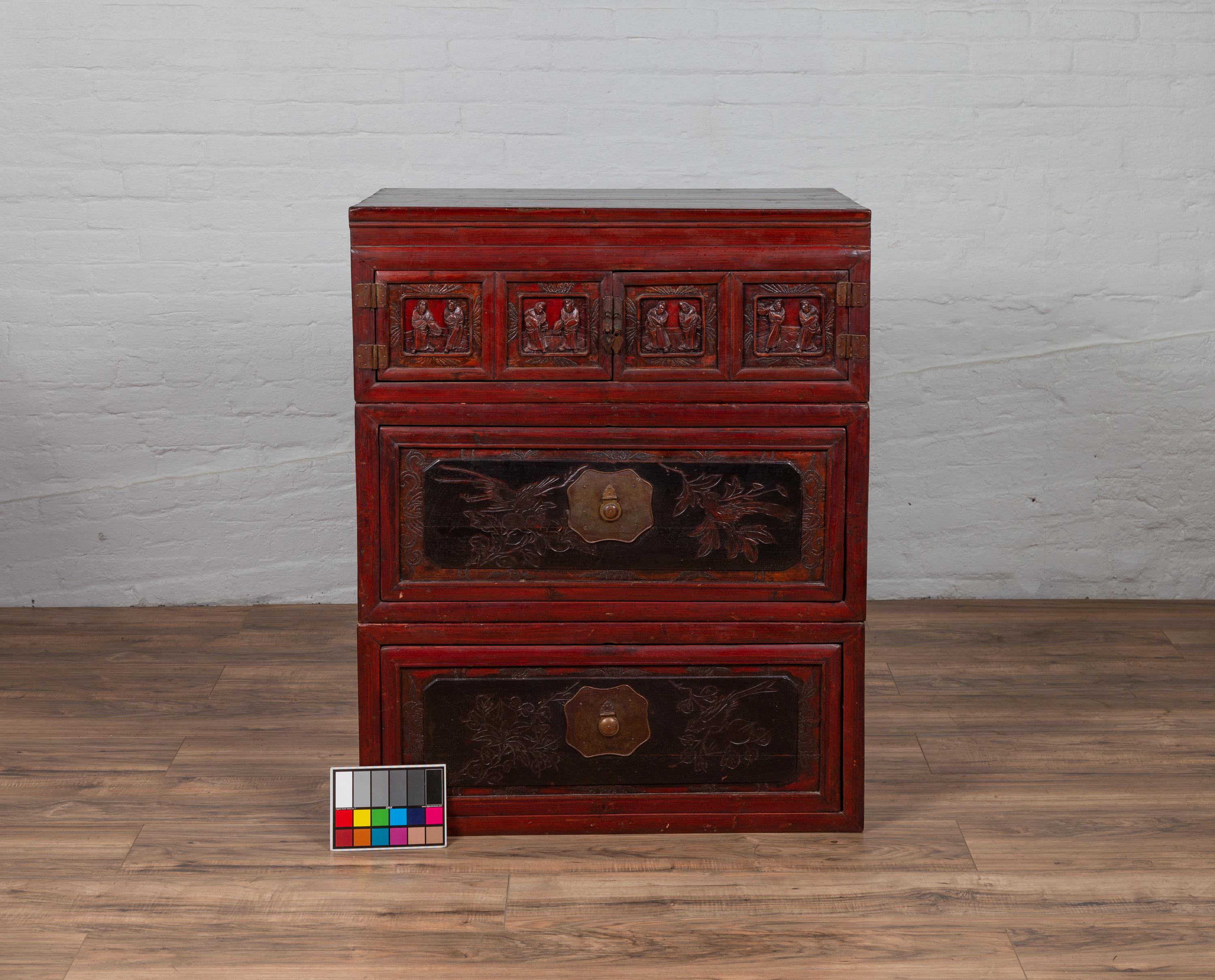 Antique Chinese Red and Black Lacquered Three-Section Chest with Carved Figures For Sale 14