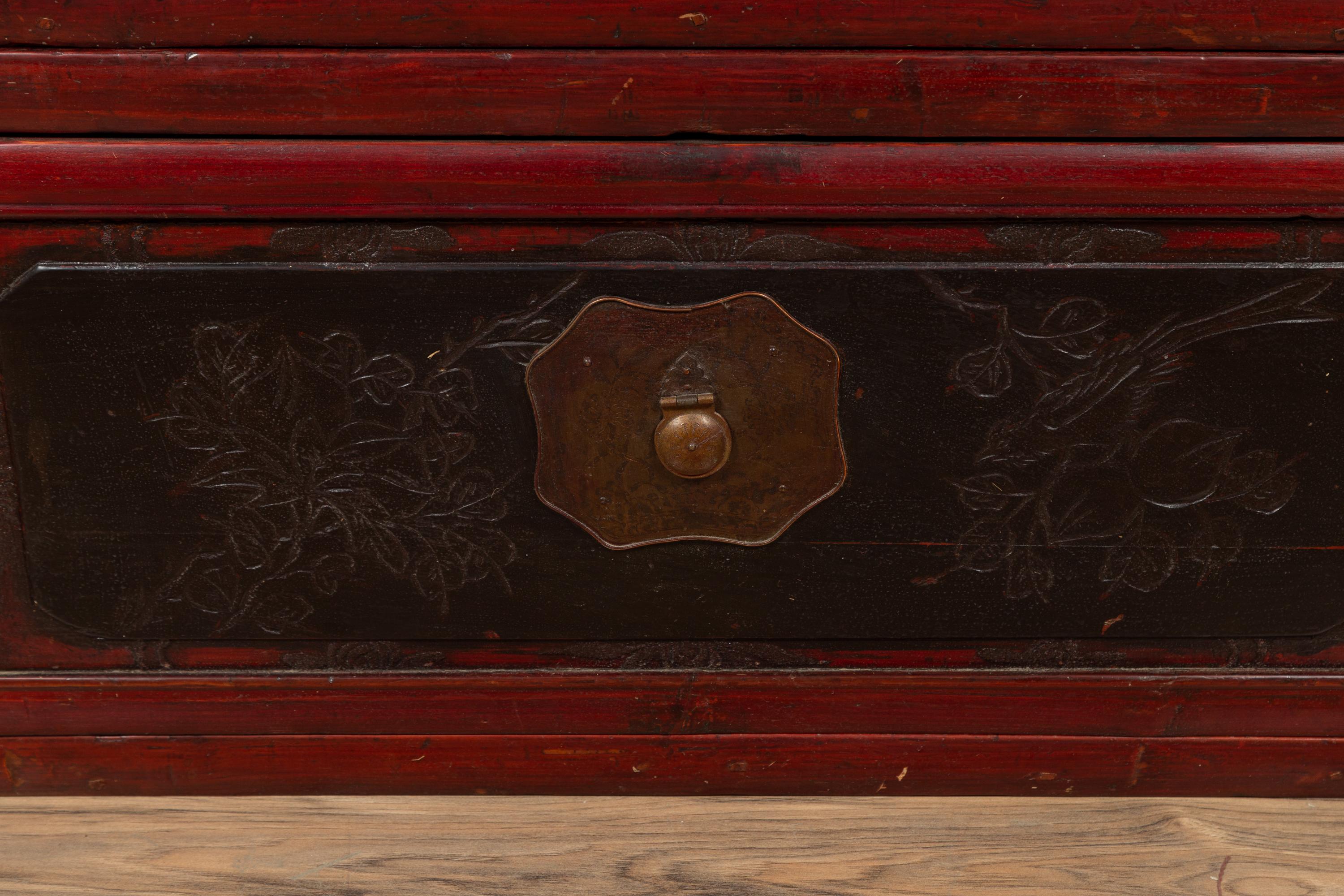 Antique Chinese Red and Black Lacquered Three-Section Chest with Carved Figures For Sale 1