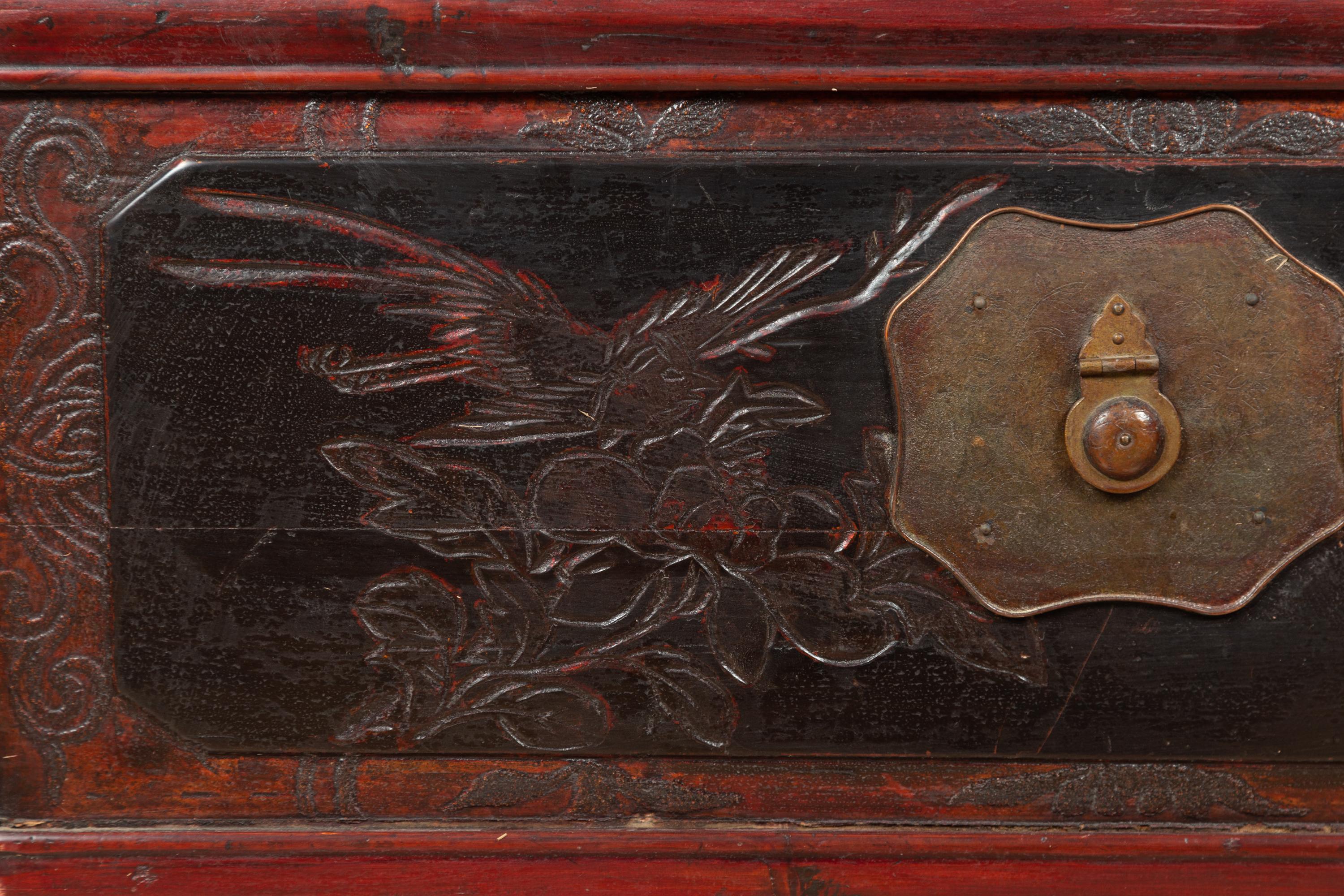 Antique Chinese Red and Black Lacquered Three-Section Chest with Carved Figures For Sale 2